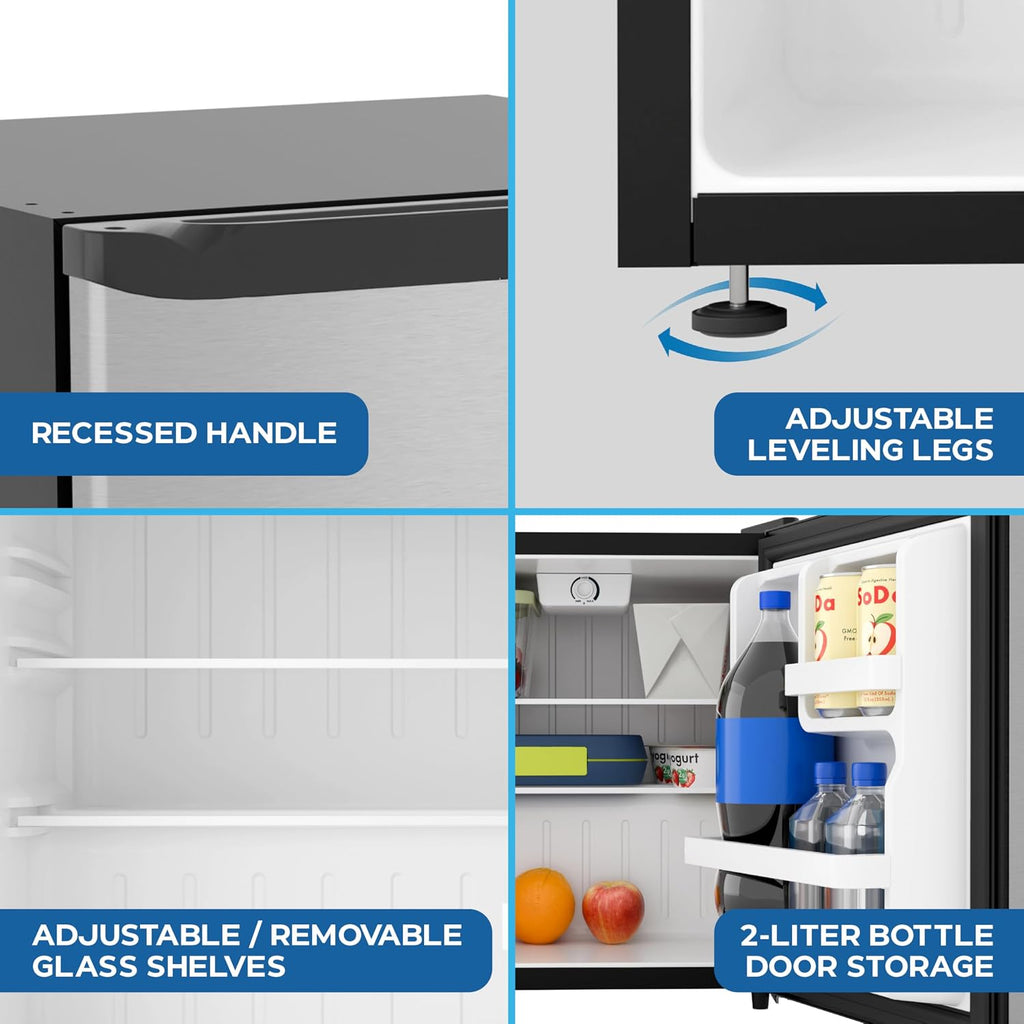 Avanti Mini Fridge 1.6 Cu. Ft. Compact Refrigerator for Dorm, Office & Bedroom, Chiller Compartment, Glass Shelf, Reversible Door with Automatic Defrost, ENERGY STAR, Stainless Steel