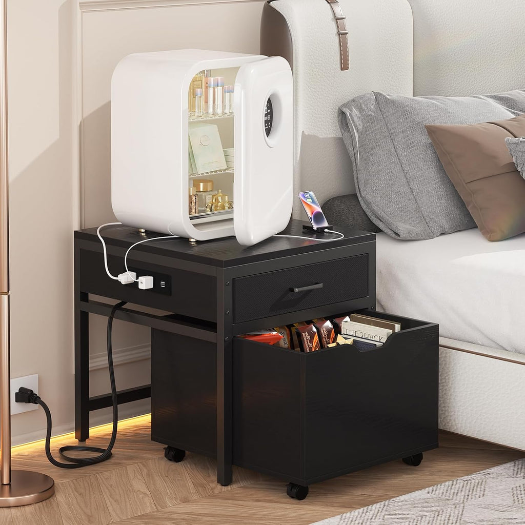Unikito Mini Fridge Stand with Drawer Storage and Power Outlet, Heavy Duty Mobile Mini Fridge Shelf with Lockable Wheels, Beverage Refrigerator Table Stand, 22.8' L x 21.6' W, Max Load 300 LBS, Black