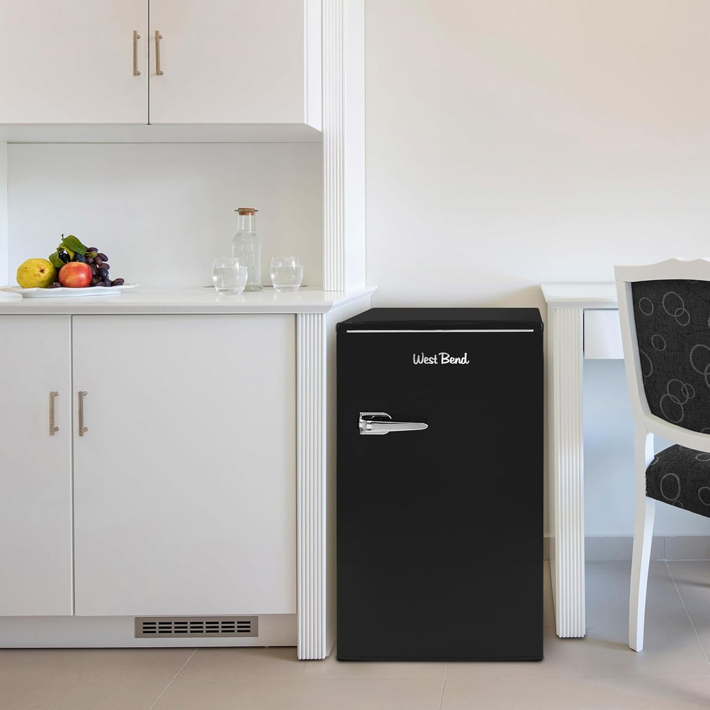 West Bend Mini Fridge for Bedroom, Office, Bar or College Dorm Room, Retro Compact Refrigerator features single door, removable glass shelves and adjustable temperature control, 3.0-Cu.Ft., Black