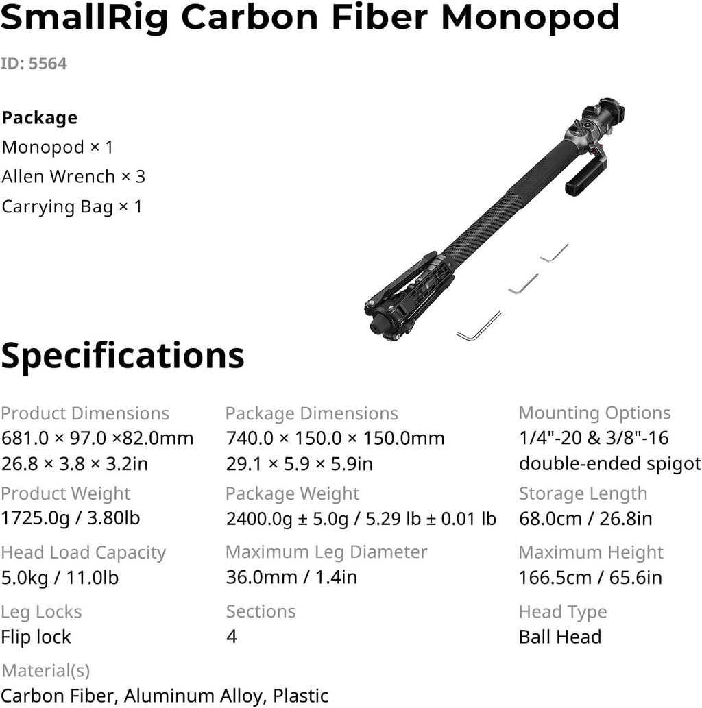 SmallRig 166.5cm / 65.6' Carbon Fiber Monopod for Camera, Compact Camera Monopod with One-Touch Height Adjustment, Max. 5kg Playload Ball Head, Storage Size of 68cm / 26.8', Weighs 1.72kg / 3.8lb