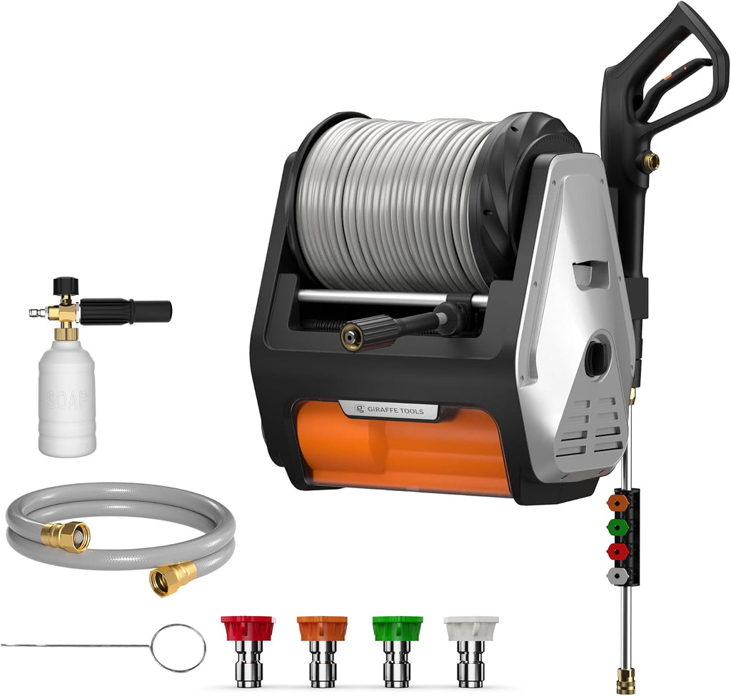 Giraffe Tools Grandfalls Retractable Wall Mounted Pressure Washer Pro, 3700 PSI, 1.6 GPM Electric Power Washer, Automatic Rewind, 100ft Pressure Hoses, 5 Nozzles for Cars/Fences/Patios, Light Silver