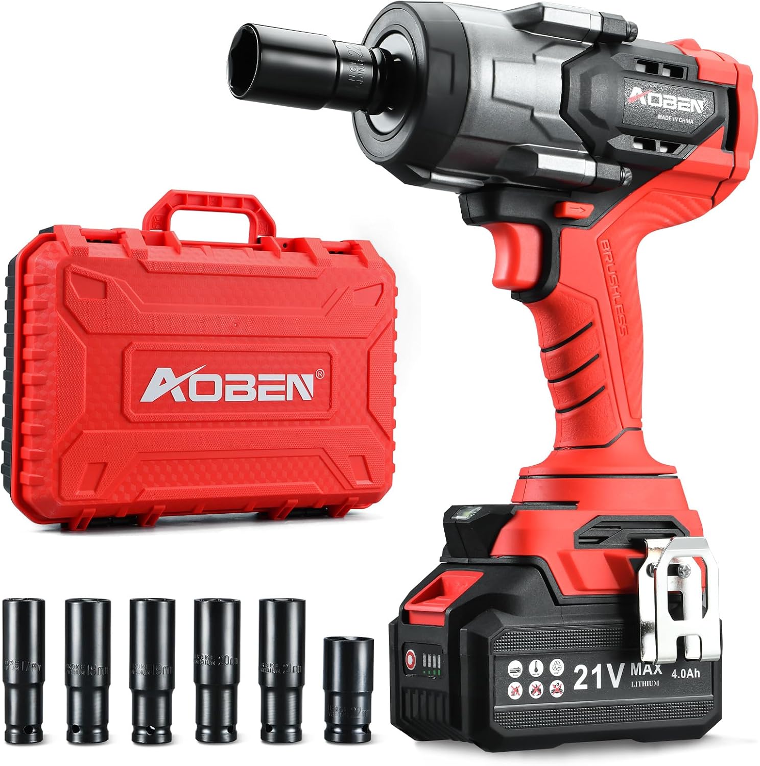 AOBEN 1500N.m Cordless Impact Wrench, 1/2' Heavy Duty Impact Gun, 3-Speed 2500RPM Power Torque for Truck & RV Lug Nuts, Rusted Bolts, 4.0Ah Battery & Fast Charger, 6 Sockets & Carry Case