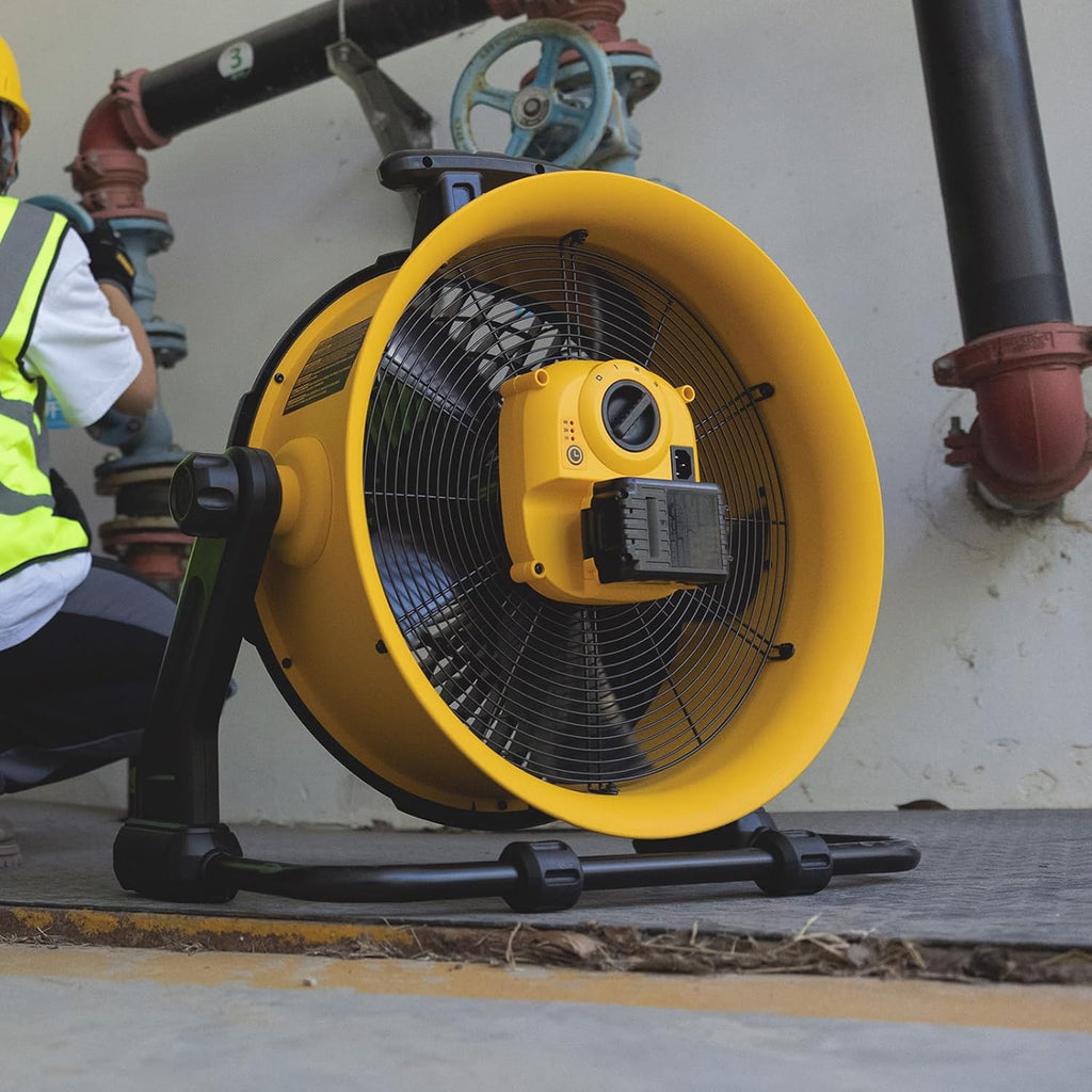 DEWALT Industrial High-Velocity Floor Fan AC/DC Dual Power Supply, 270° Adjustable Tilt Design 3-Speed 4000 CFM 6 ft Cord 18-Inch Barrel Fan, DXF1850B (Tool Only)