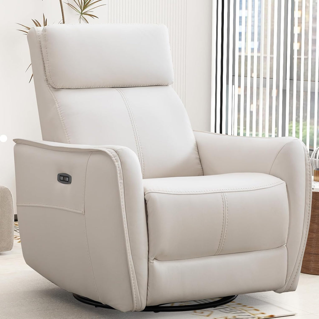 Bonzy Home Power Swivel Rocker Recliner Chair with USB Port, Wide Seat, Head & Lumbar Support, Upholstered Glider Chair for Living Room, Nursery, Bedroom, Cream White