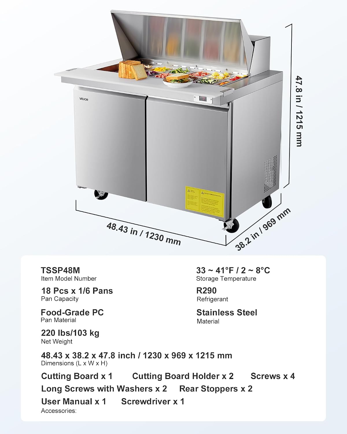 VEVOR 48'W Commercial Refrigerator, 12.5 Cu. Ft Sandwich Prep Refrigerated Table, Mega Top Food Prep Fridge with 18 Pans and Cutting Board, Stainless Steel Salad Prep Cooler for Restaurant, Food Truck