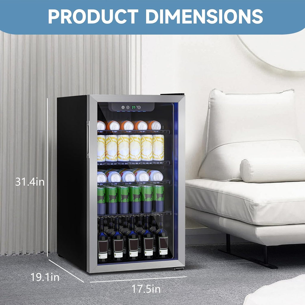 Stopasd Compact Beverage Refrigerator, 3.2 Cu.Ft/126 Can Drink Fridge with Adjustable Shelves & Glass Door for Soda Wine Beer, Quiet Undercounter Small Fridge for Home/Office/Bar/Garage,Sliver