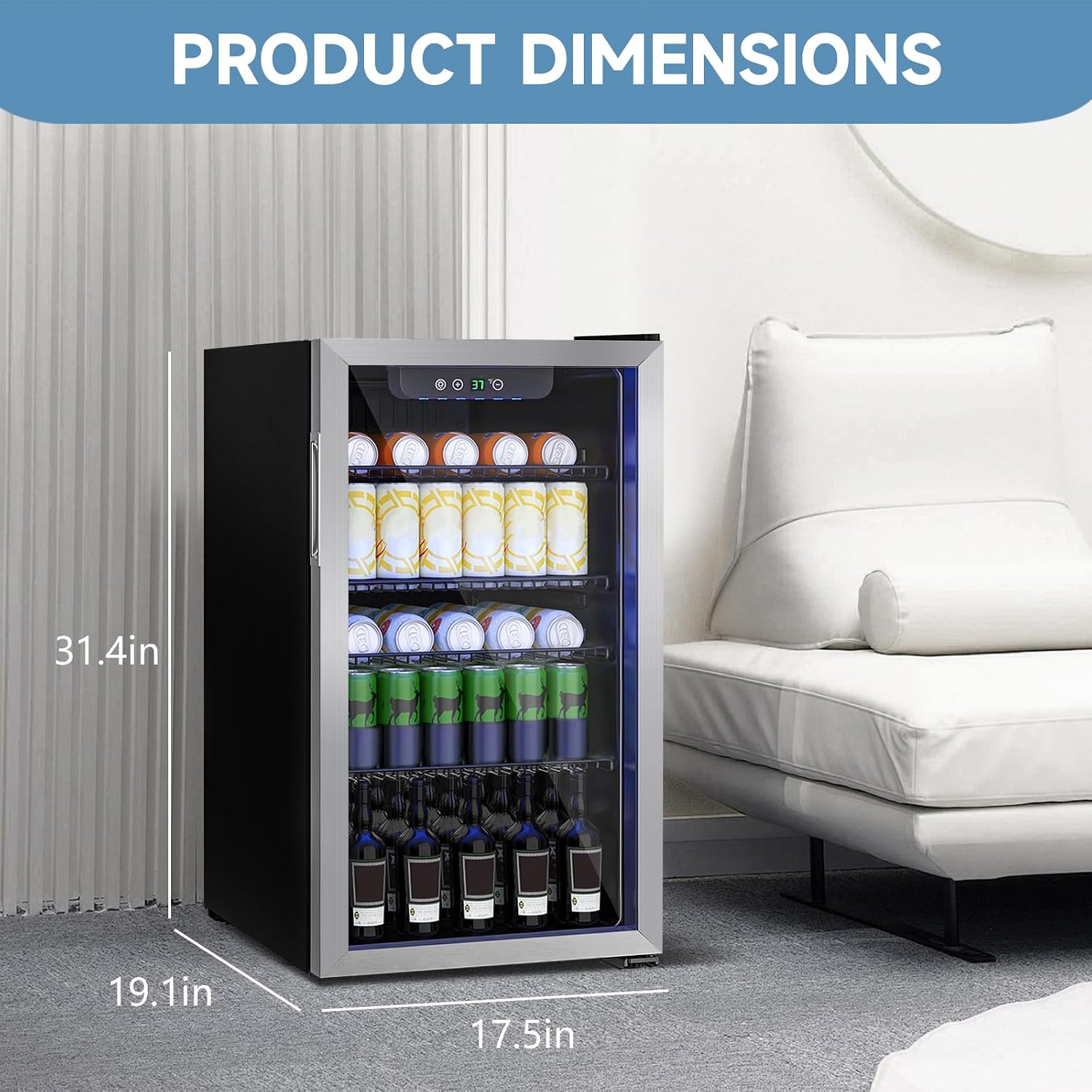 Stopasd Compact Beverage Refrigerator, 3.2 Cu.Ft/126 Can Drink Fridge with Adjustable Shelves & Glass Door for Soda Wine Beer, Quiet Undercounter Small Fridge for Home/Office/Bar/Garage,Sliver