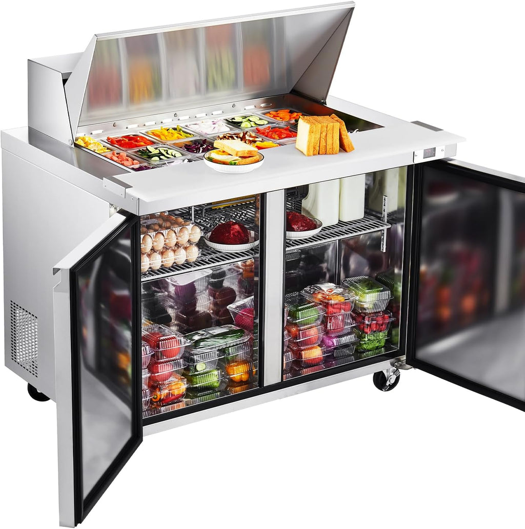 VEVOR 48'W Commercial Refrigerator, 12.5 Cu. Ft Sandwich Prep Refrigerated Table, Mega Top Food Prep Fridge with 18 Pans and Cutting Board, Stainless Steel Salad Prep Cooler for Restaurant, Food Truck