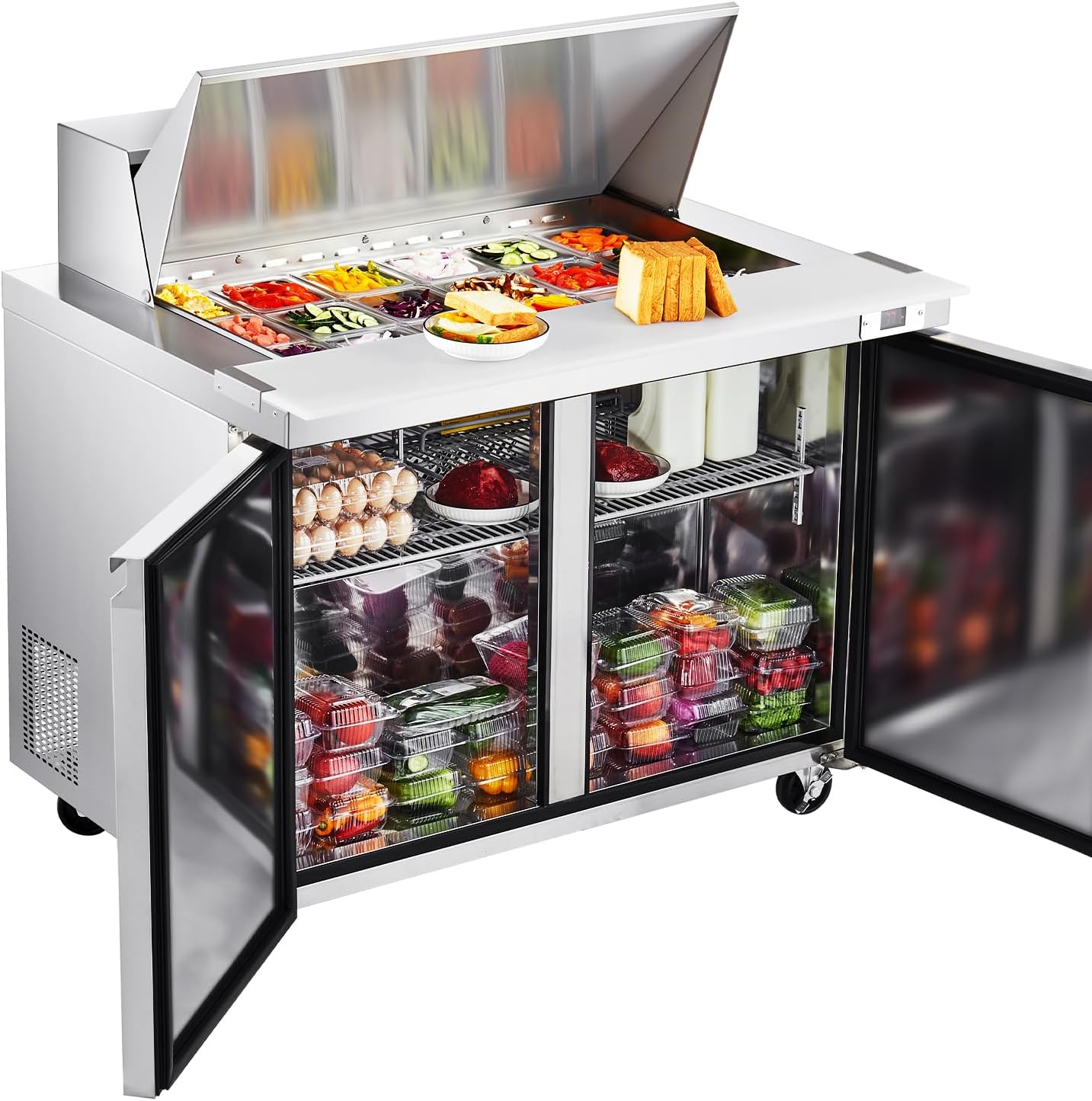 VEVOR 48'W Commercial Refrigerator, 12.5 Cu. Ft Sandwich Prep Refrigerated Table, Mega Top Food Prep Fridge with 18 Pans and Cutting Board, Stainless Steel Salad Prep Cooler for Restaurant, Food Truck