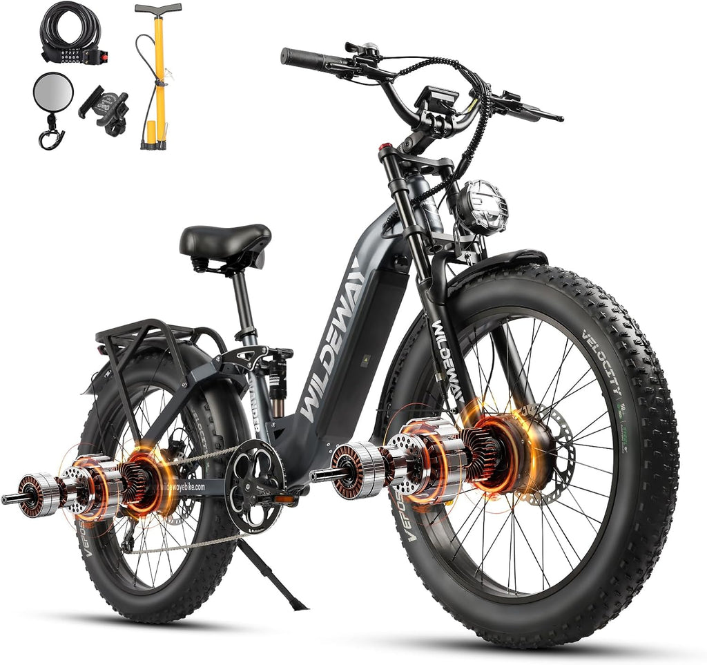 Wildeway 2600W Dual Motor Electric Bike for Adults 48V 30AH Removable Battery 32MPH 26' Terrain Fat Tire 80 Miles Long Rang Mountain Bike Full Suspension with Hydraulic Disc Brake Bicycle