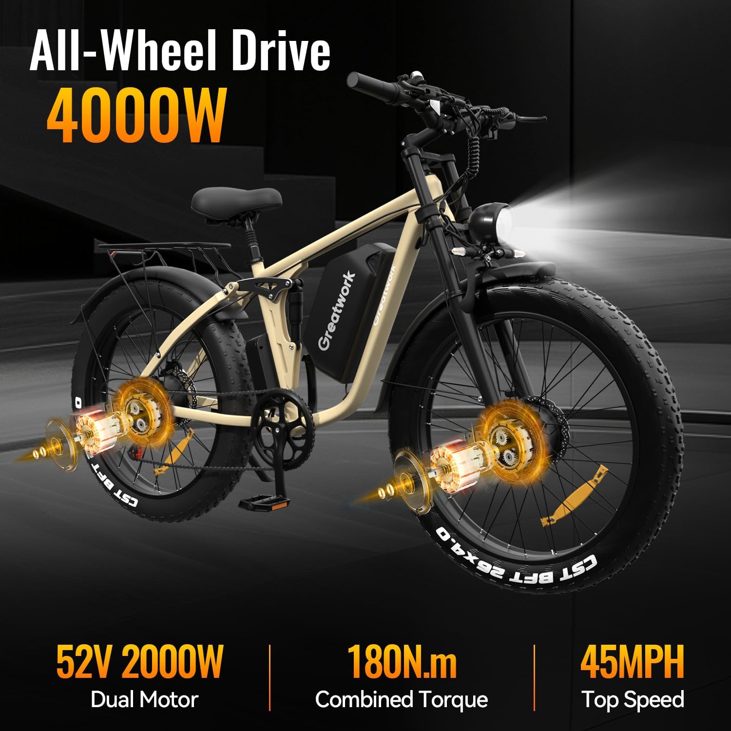 GREATWORK 52V 5000W Peak Dual Motor Electric Bike for Adults, 1300Wh Battery, Up to 45MPH & 100 Miles Range, 26' x 4.0 Fat Tire Electric Dirt Bike with Suspension, Mountain E-Bike for Men Women