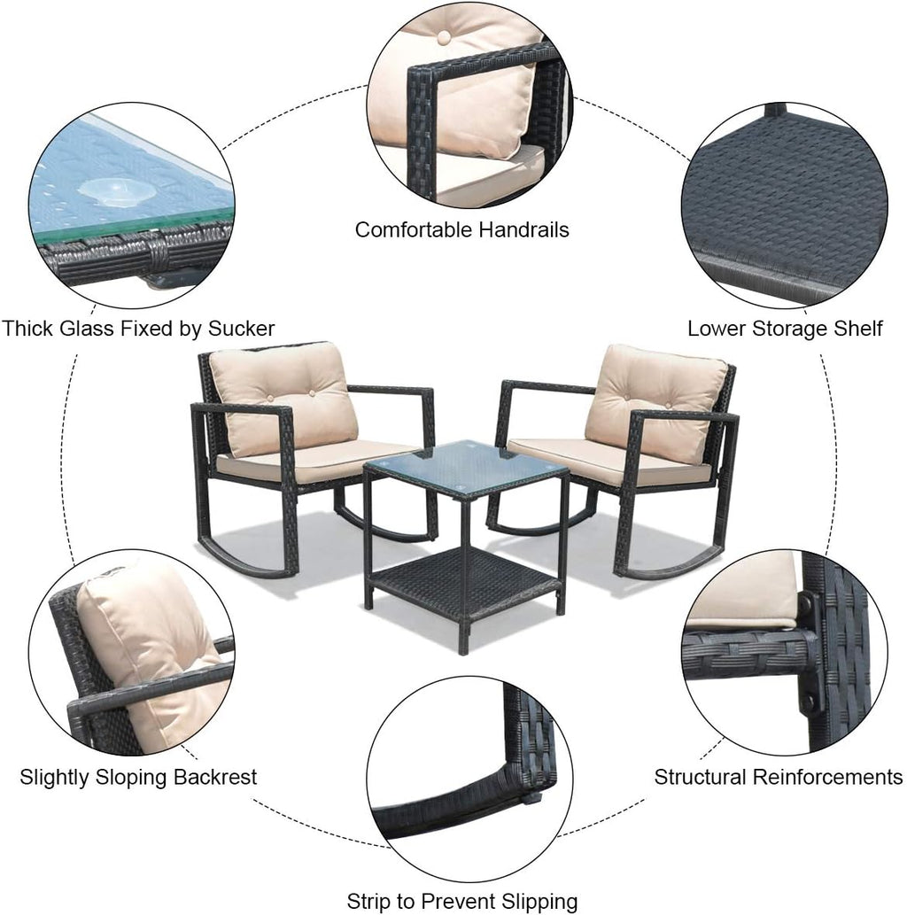 Tangkula 3 Pieces Patio Wicker Rocking Set, Outdoor Rocking Chairs and Table Set with Cushions, Glass Coffee Table with Storage Shelf, Suitable for Patio, Garden, Poolside, Balcony (Beige)
