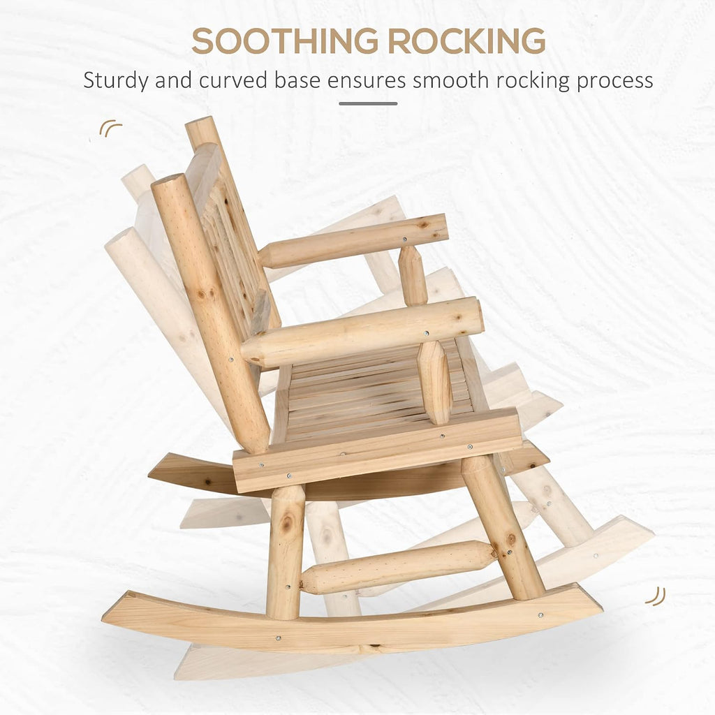 Outsunny 2-Person Wood Rocking Chair with Log Design, Heavy Duty Loveseat with Wide Curved Seats for Patio, Backyard, Garden, Natural