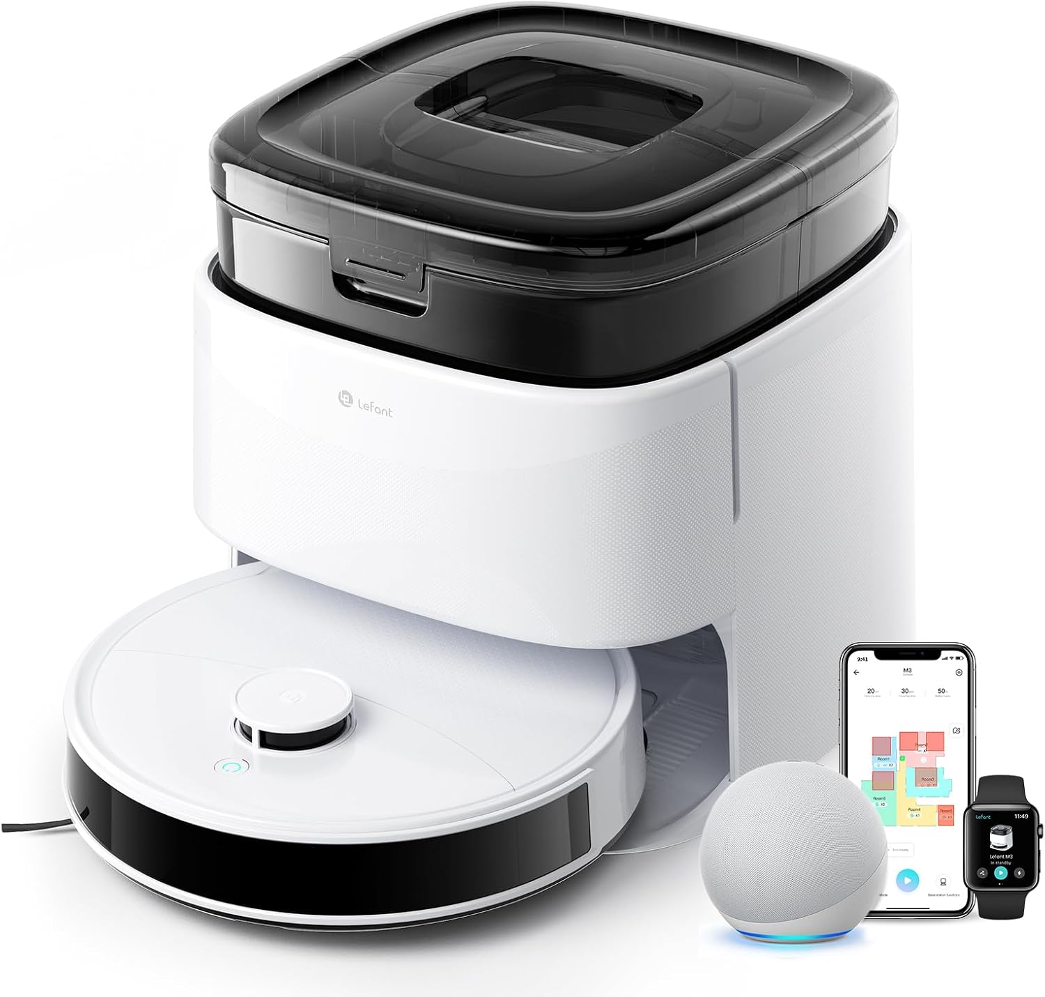 Lefant M3 Robot Vacuum, Auto Mop Washing, 12000Pa Suction, Self-Emptying & Refilling, 9mm Mop Lifting, 200RPM Spinning Mops, Smart Obstacle Avoidance, White