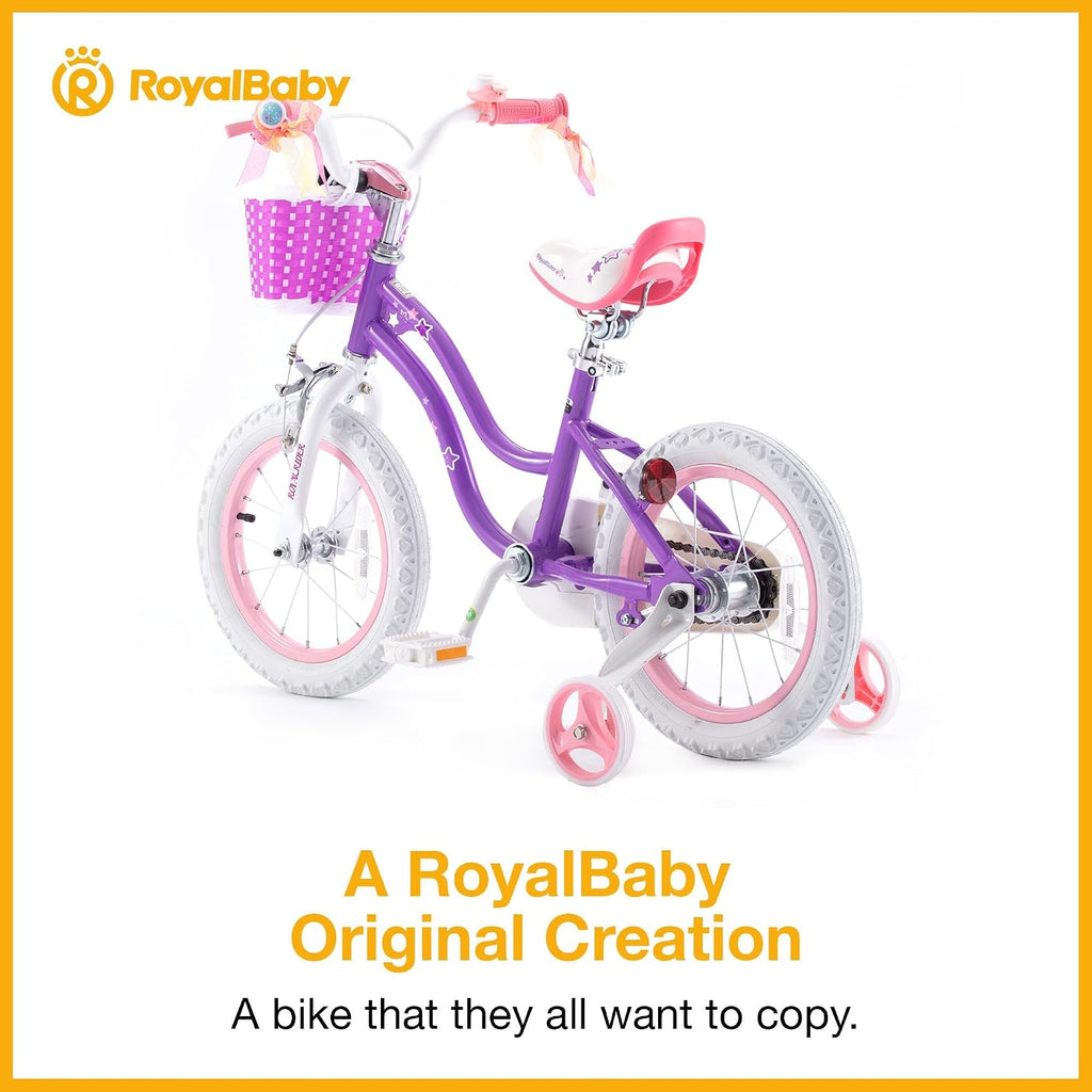 RoyalBaby Stargirl 12 Inch Kids Outdoor Bicycle with Accessory Basket, Bell, Thick Wheels, and Safety Training Wheels for Ages 2-4, Purple