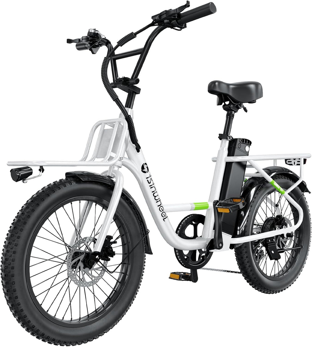 isinwheel U7 E Bike for Adults Electric Bike with Dual Cargo Rack, 48V 1000W Peak Ebikes for Adults, 7 Speed Gear, 20mph Step Thru Cruiser Electric Bicycles, 20' × 3' Fat Tire Ebike