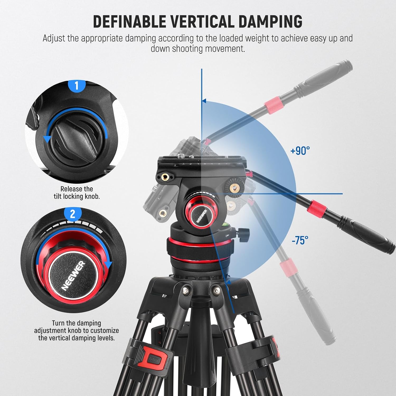NEEWER Heavy Duty Video Tripod Fluid Head with Stepless Adjustable Pan/Tilt Damping, Quick Release Plate, Compatible with DJI RS Gimbals, Adjustable Handle, ⌀75mm Base, Max Load 22lb, GM006