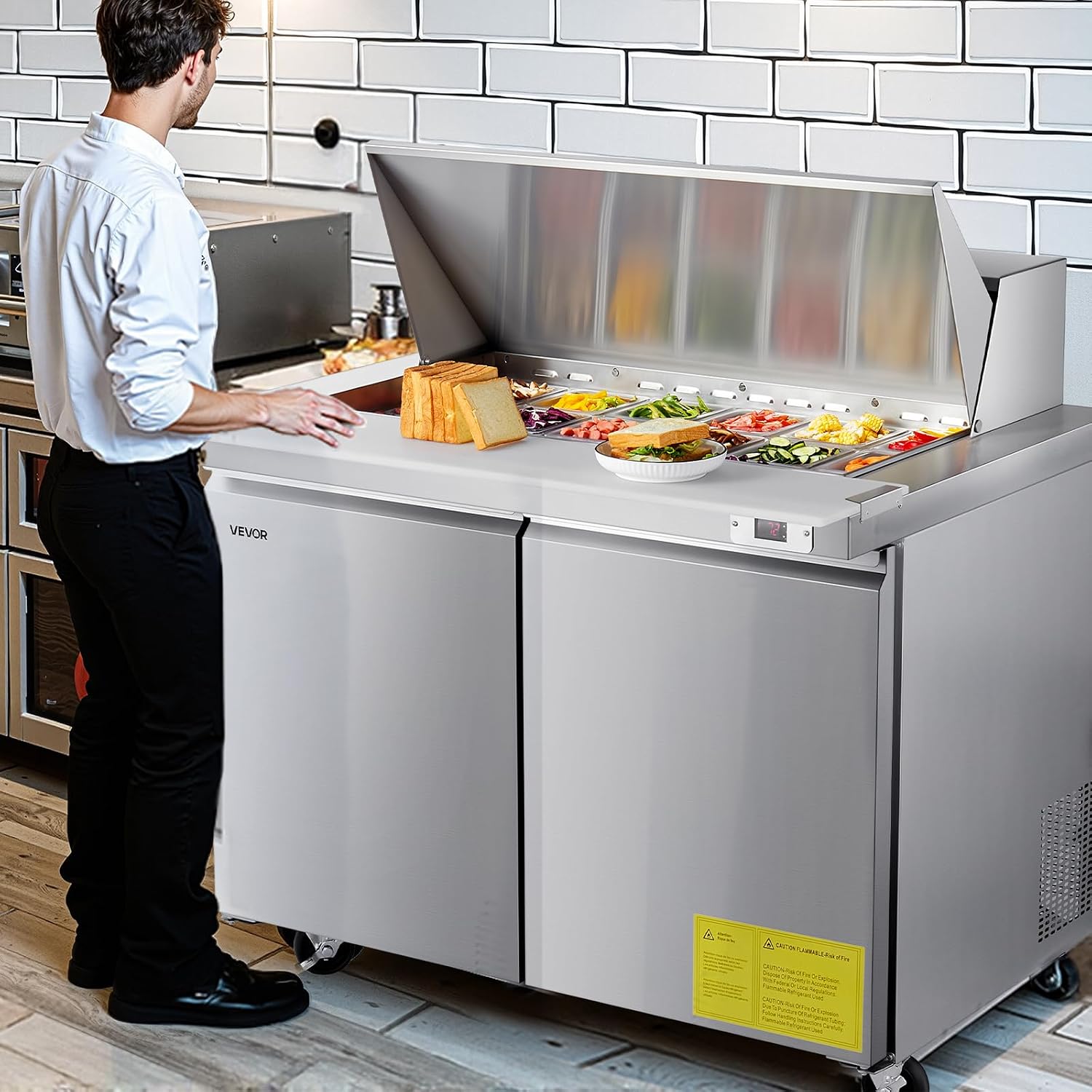 VEVOR 48'W Commercial Refrigerator, 12.5 Cu. Ft Sandwich Prep Refrigerated Table, Mega Top Food Prep Fridge with 18 Pans and Cutting Board, Stainless Steel Salad Prep Cooler for Restaurant, Food Truck