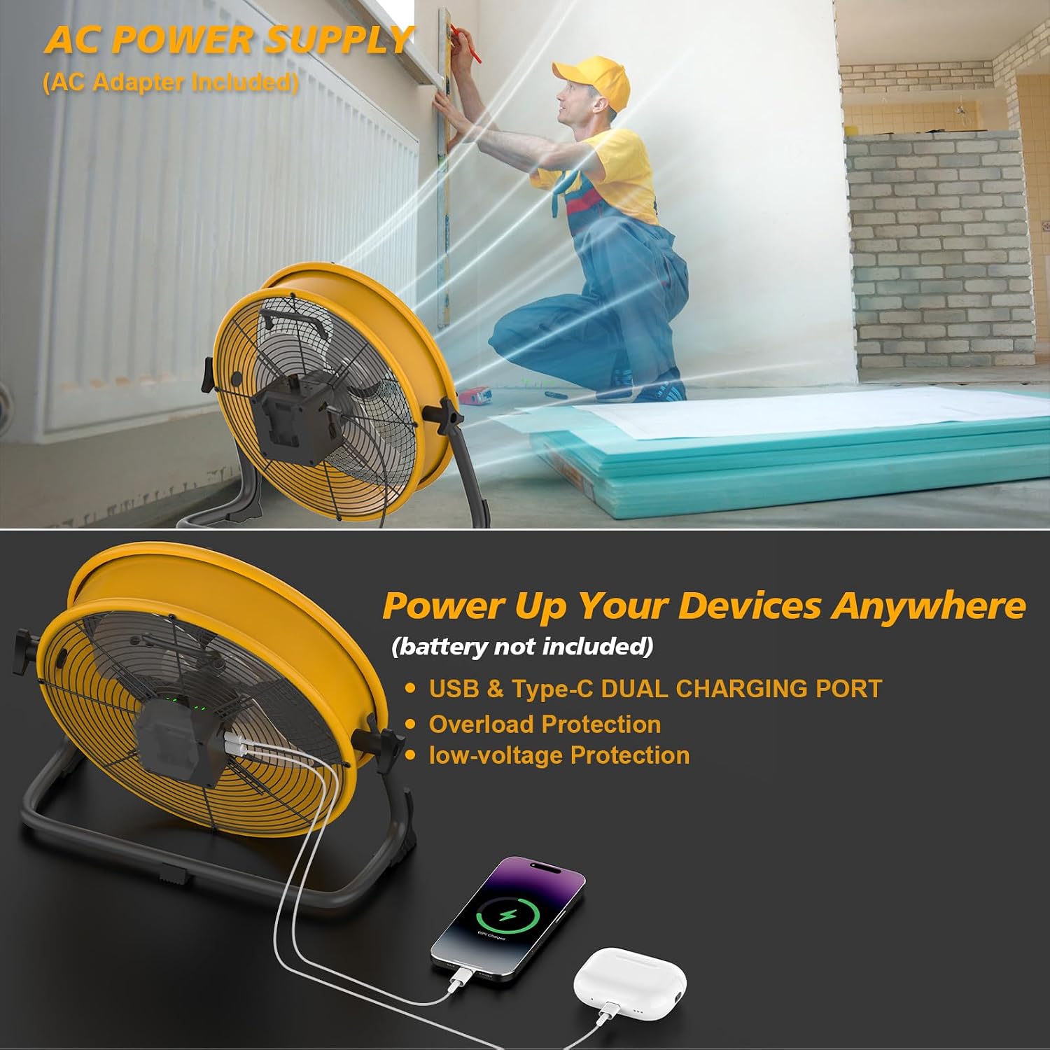 16' Battery Operated Floor Fan Compatible with Dewalt 20V Max Battery, Portable Fan with AC Adapter and USB Output, Metal Industrial High Velocity, Stepless Speed Cordless Fan for Jobsite Camping