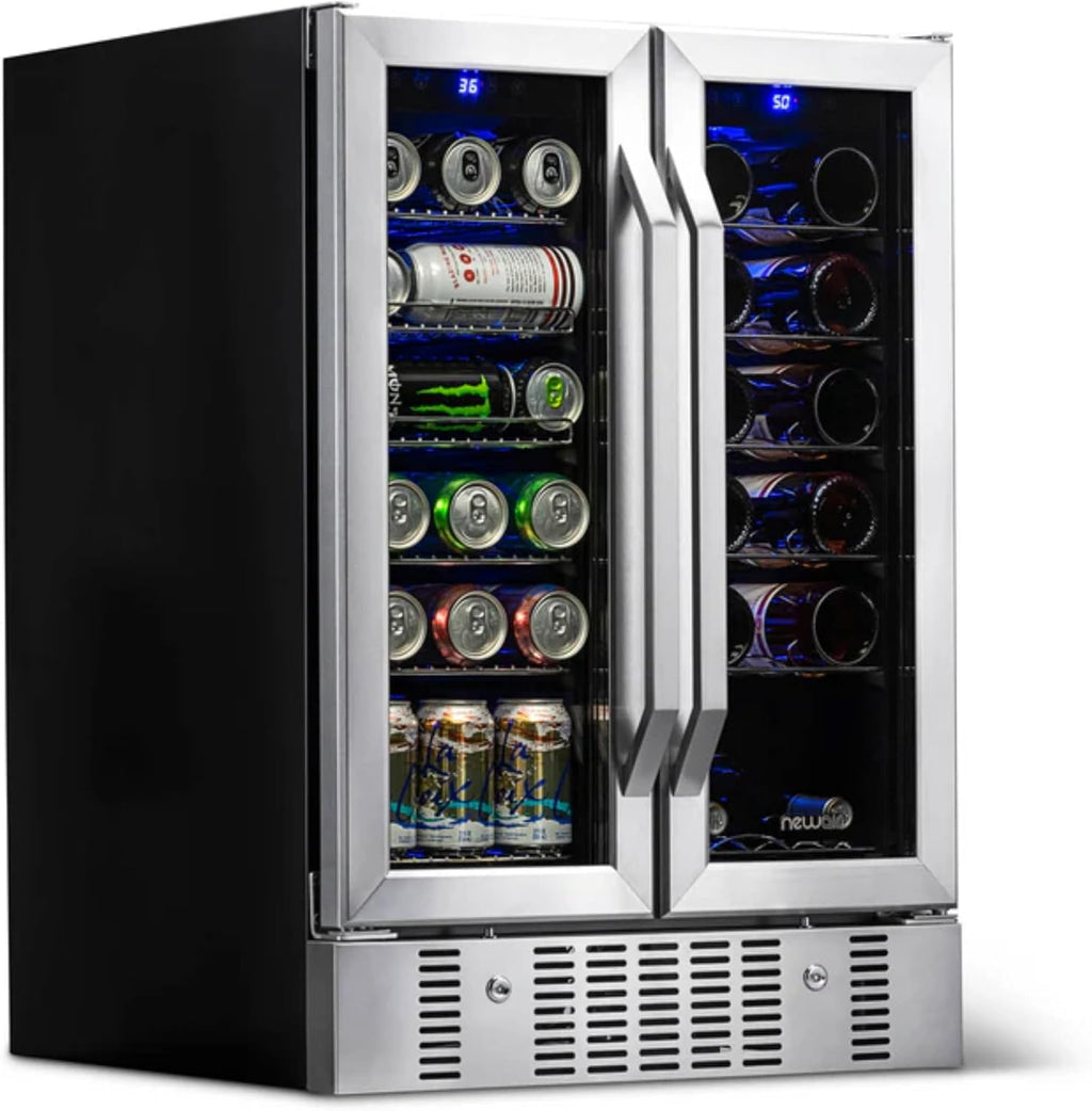 NewAir 24' Dual Zone Beverage Refrigerator & Wine Cooler for 18 Bottles & 60 Cans | Freestanding or Built-In Under Counter Mini Fridge for Beer, Wine and Soda | Stainless Steel