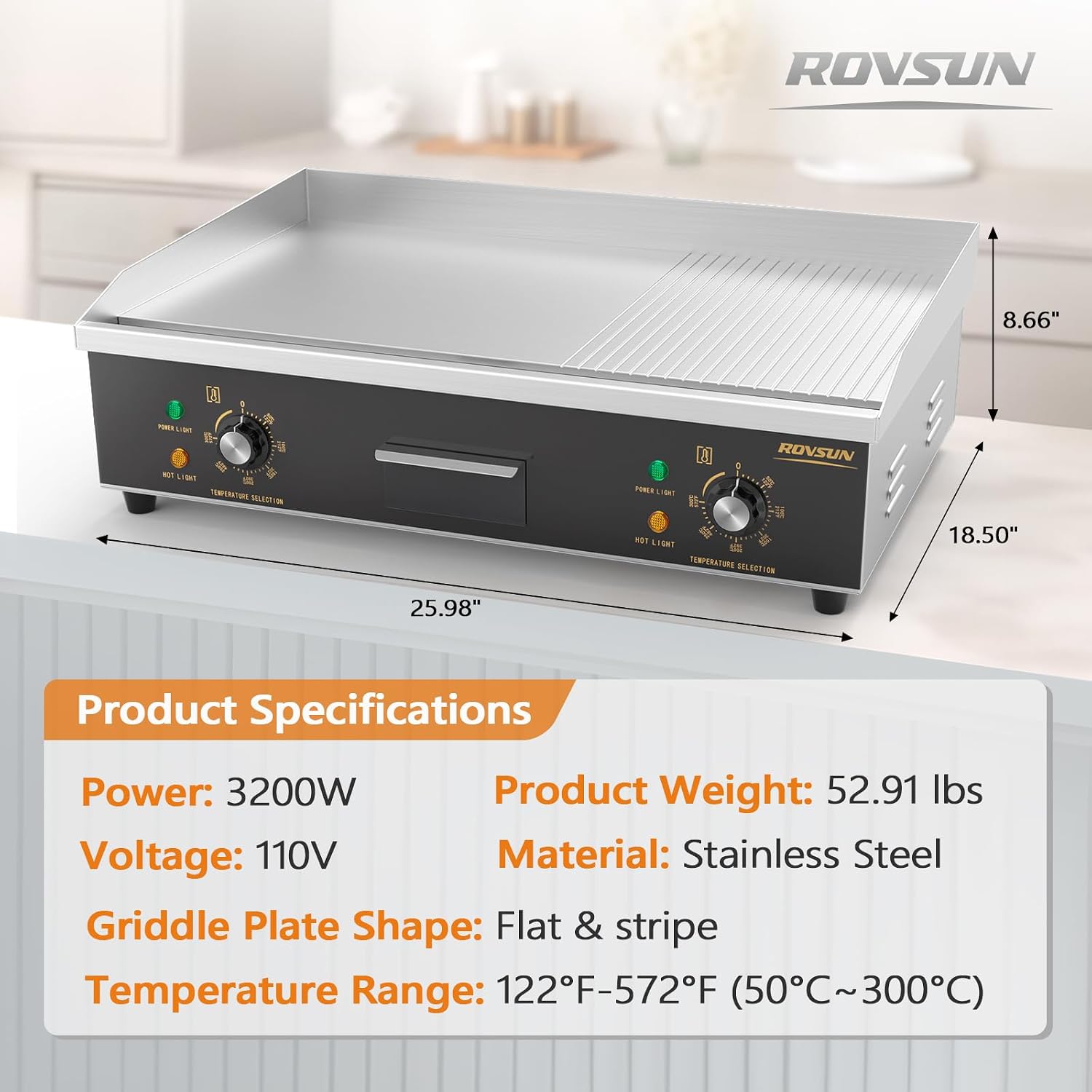 ROVSUN 26' Electric Griddle, Electric Countertop Half Flat Top Griddle, 3200W Grill Stainless Steel with Adjustable Temperature Control 122°F-572°F for Commercial Home Restaurant, Plug