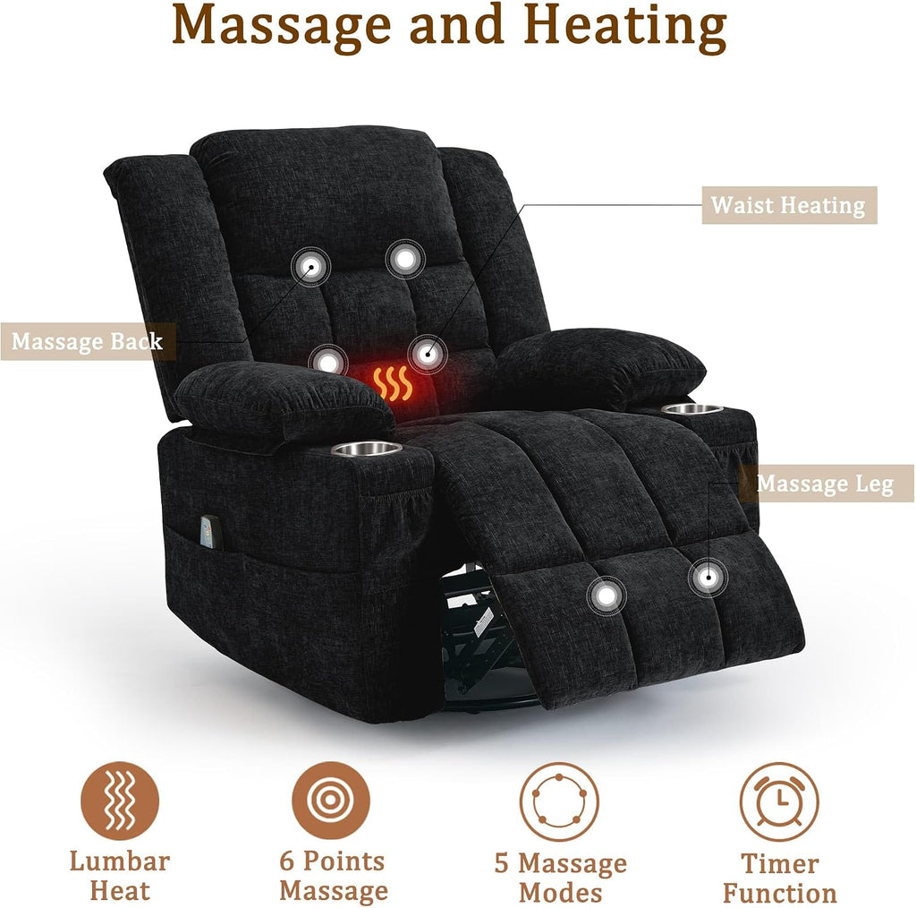 Korser Adult 360° Rotating Recliner with Massage and Heating Functions, Cup Holder and Manual Tilt Mechanism, Suitable for Living Room and Bedroom (Fabric, Black)