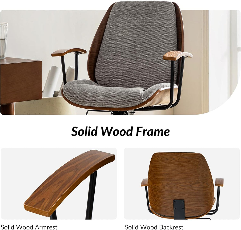 HULALA HOME Solid Wood Office Chair with Rocking Function, Comfy Fabric Desk Chair with Bent Wood and Metal Base, Height Adjustable Swivel Computer Task Chair, Tan