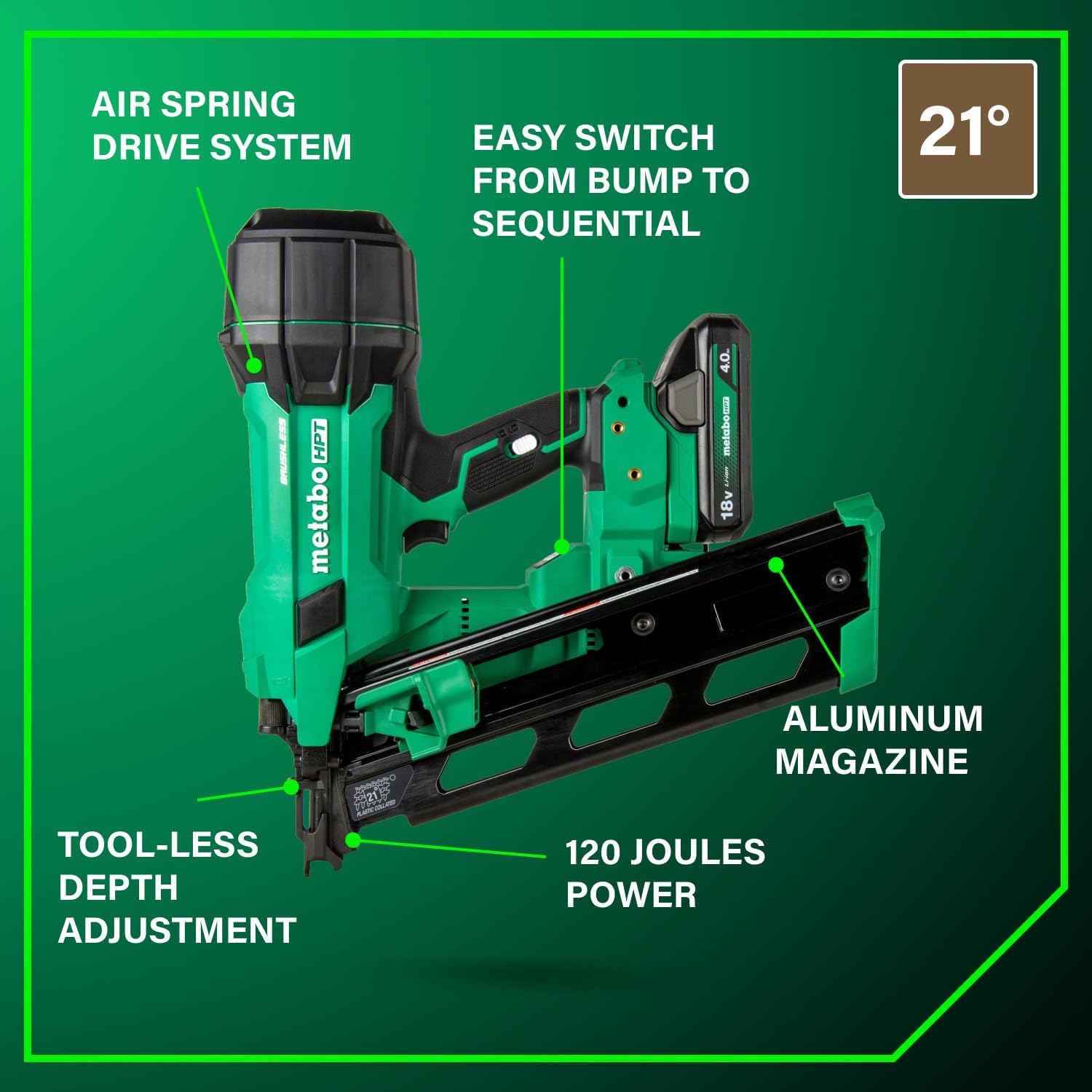 Metabo HPT 18V MultiVolt Cordless 21° Framing Nailer Kit, 3-1/2' Plastic Strip Framing Cordless Nailer, Power Tool with 4.0Ah Lithium Ion Battery, Drives 2' to 3-1/2' Nails, NR1890DRA