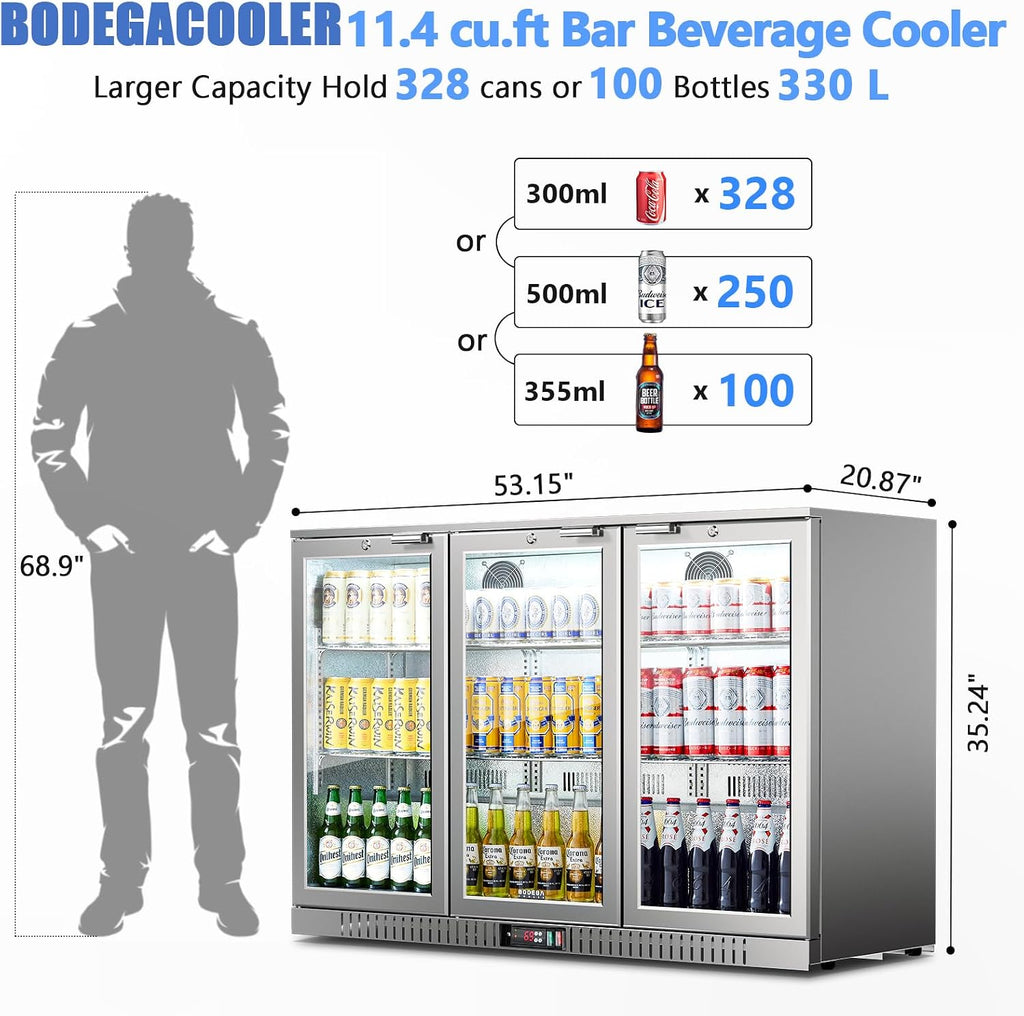 BODEGA BODEGACOOLER Back Bar Cooler, 11.4 Cu.Ft Stainless Steel Commercial Bar Fridge with 3 Glass Doors,Counter Height Bar Beverage Cooler with LED Lighting for Beer,Soda Drinks,Wine