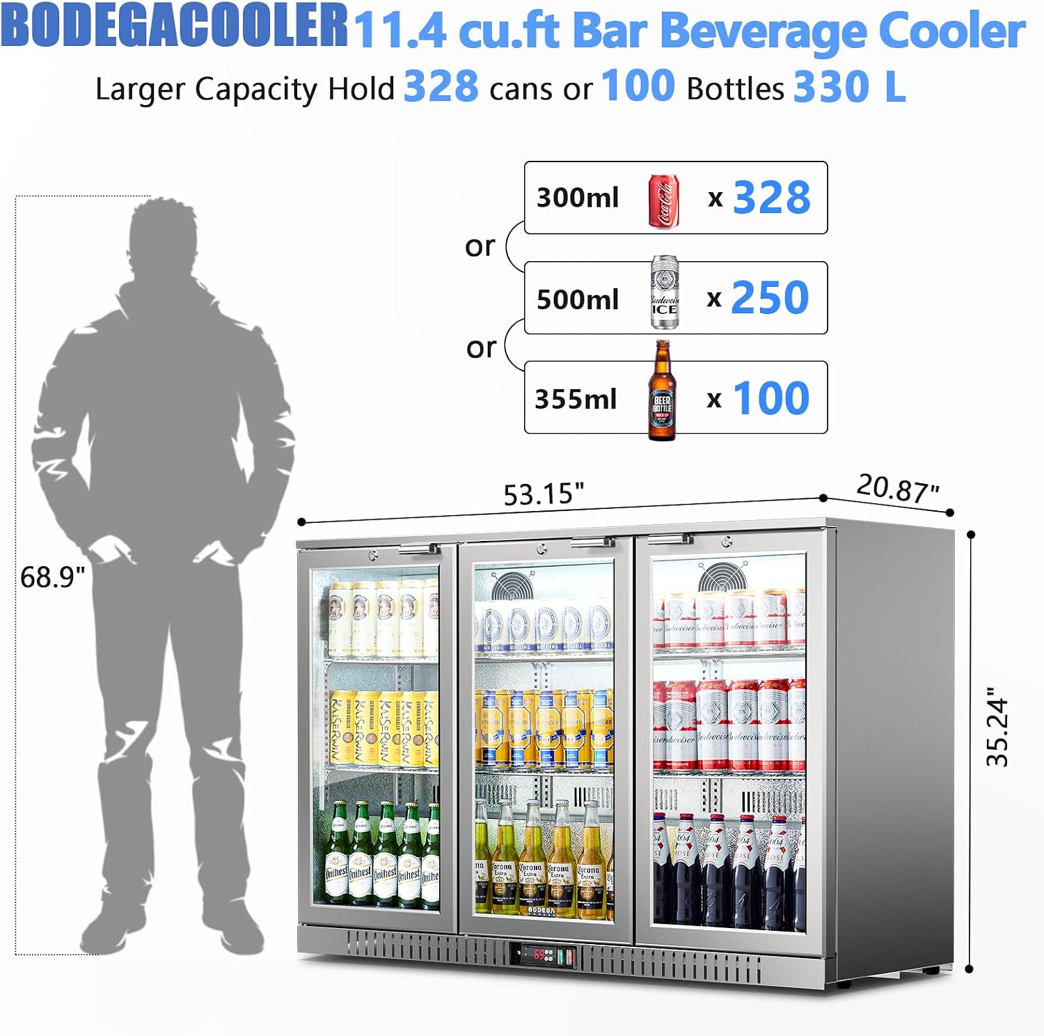 BODEGA BODEGACOOLER Back Bar Cooler, 11.4 Cu.Ft Stainless Steel Commercial Bar Fridge with 3 Glass Doors,Counter Height Bar Beverage Cooler with LED Lighting for Beer,Soda Drinks,Wine