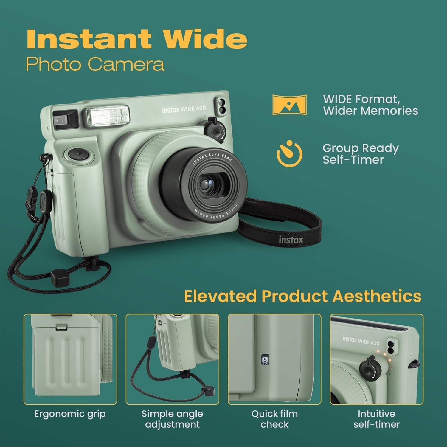 FUJIFILM instax Wide 400 Instant Film Camera Bundle with Instax Wide Film, Sage Green Leather Case, 28-Photo Album, Close-Up Lens, Shoulder Strap, Batteries, and Camera Accessories