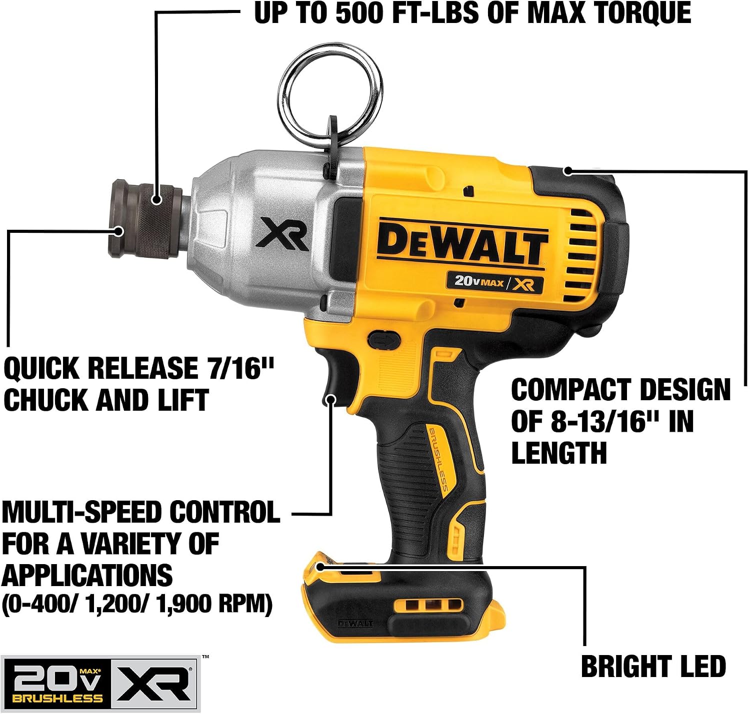 DEWALT 20V MAX XR Cordless Impact Wrench with Quick Release Chuck, 7/16-Inch, Tool Only (DCF898B)