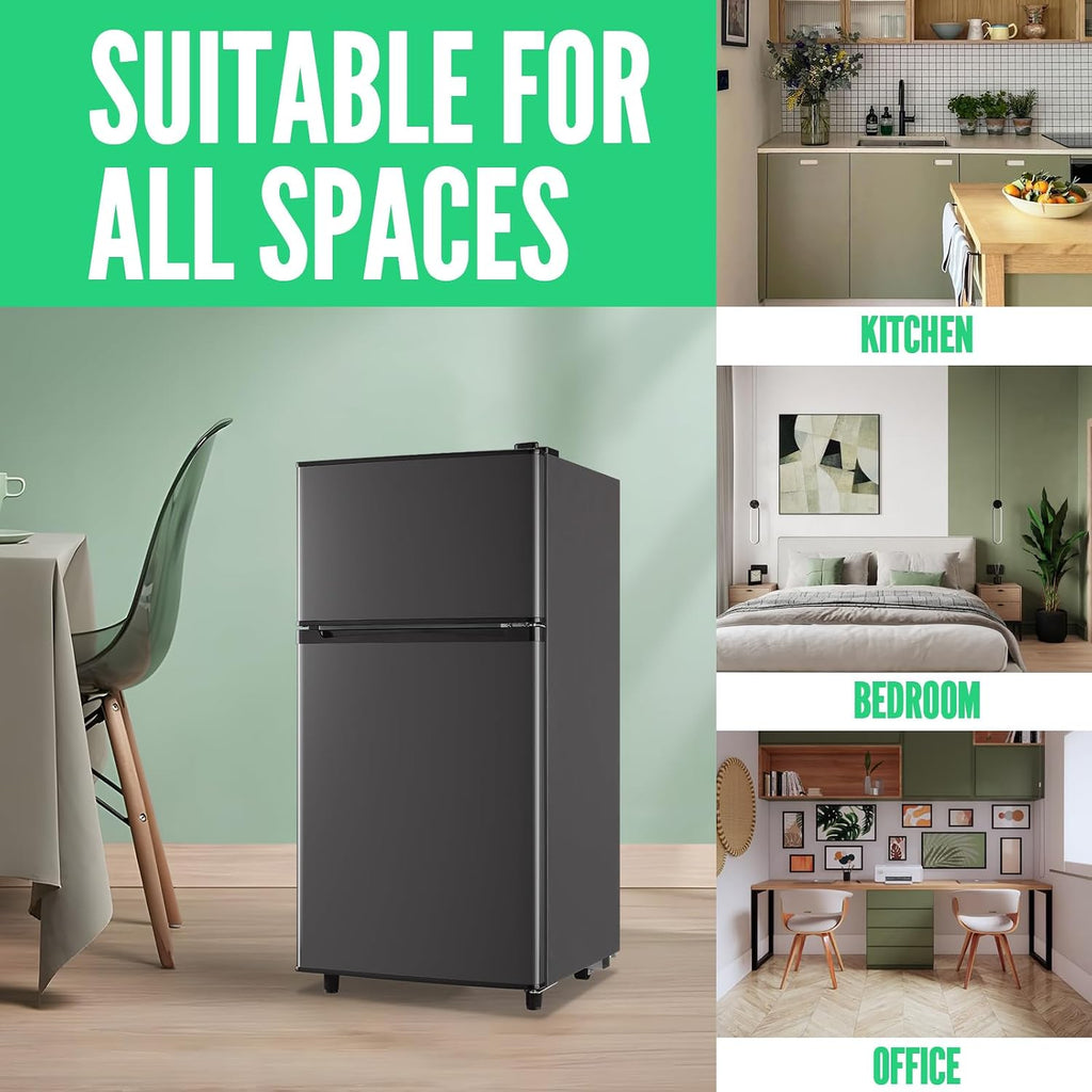 WANAI Mini Fridge with Freezer, 3.5 cubic feet 2- Doors Small Refrigerator Features 7 Gear Mechanical Control, Side Bottle Rack, LED Light, 2 Glass Removable Shelves, Crisper Drawer, Dark Grey