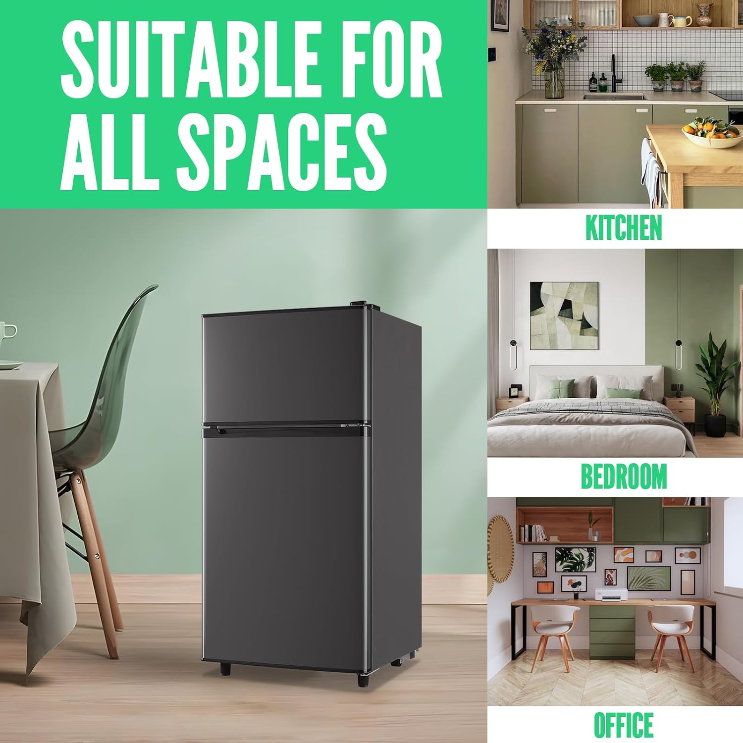 WANAI Mini Fridge with Freezer, 3.5 cubic feet 2- Doors Small Refrigerator Features 7 Gear Mechanical Control, Side Bottle Rack, LED Light, 2 Glass Removable Shelves, Crisper Drawer, Dark Grey