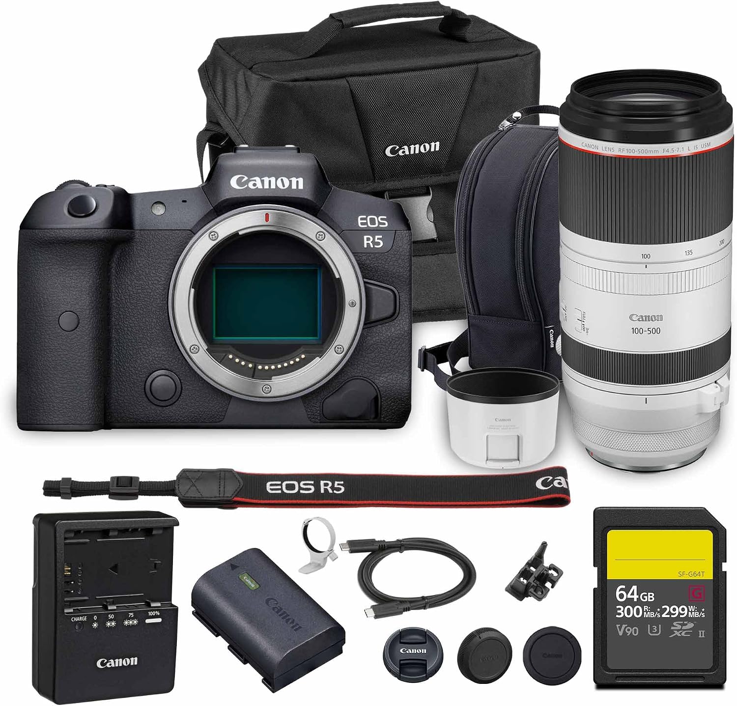 Canon EOS R5 Mirrorless Camera | 45MP Full Frame Sensor 8K Video | in-Body Image Stabilization and Dual Pixel AF for Hybrid Creators (4147C002) + Canon RF 100-500mm Lens + 64GB Card + Bag
