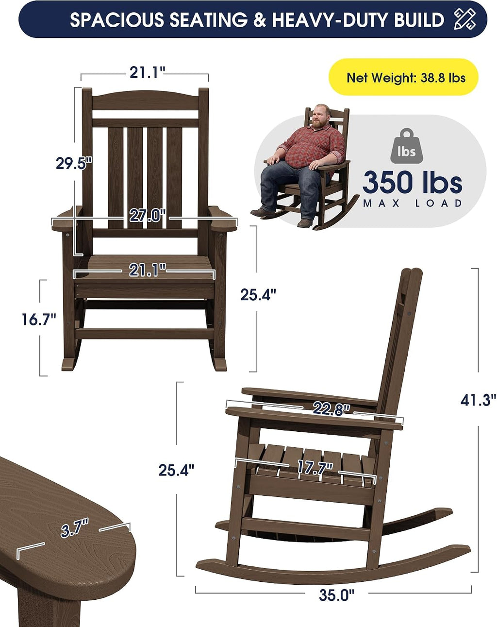 KINGYES Oversized Outdoor Rocking Chair Set 2, All Weather HDPE Patio Rocking Chairs for Adults, Coffee Brown