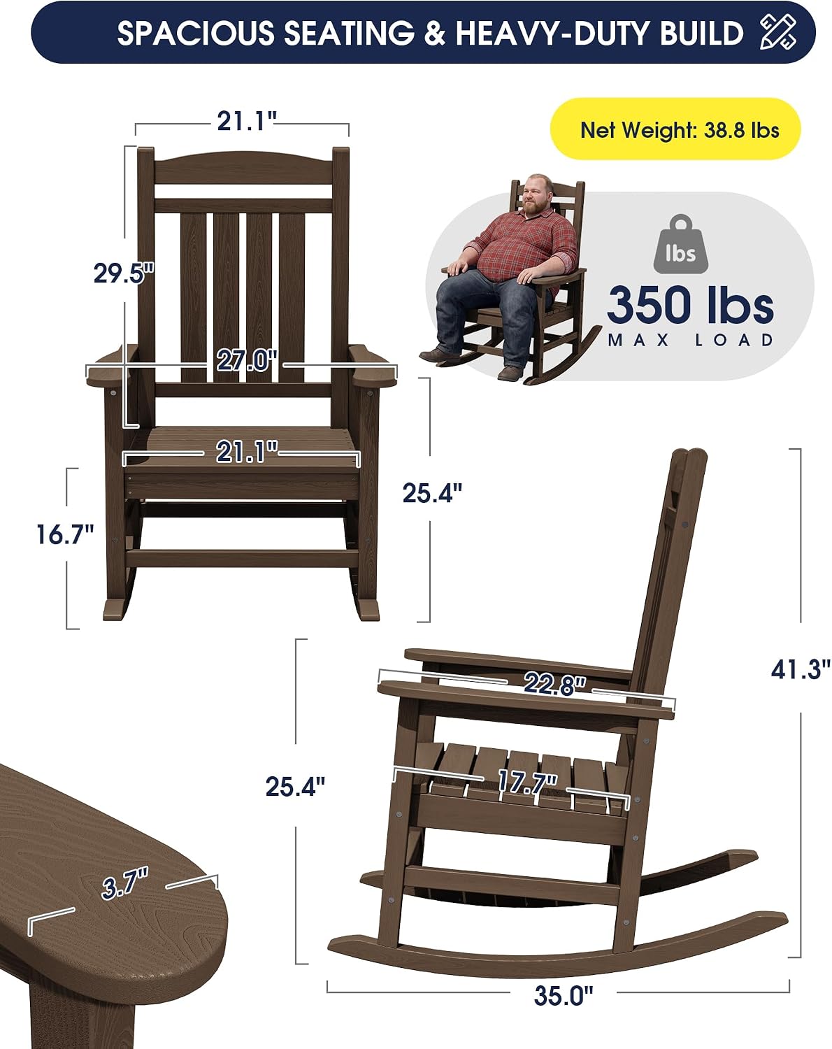 KINGYES Oversized Outdoor Rocking Chair Set 2, All Weather HDPE Patio Rocking Chairs for Adults, Coffee Brown