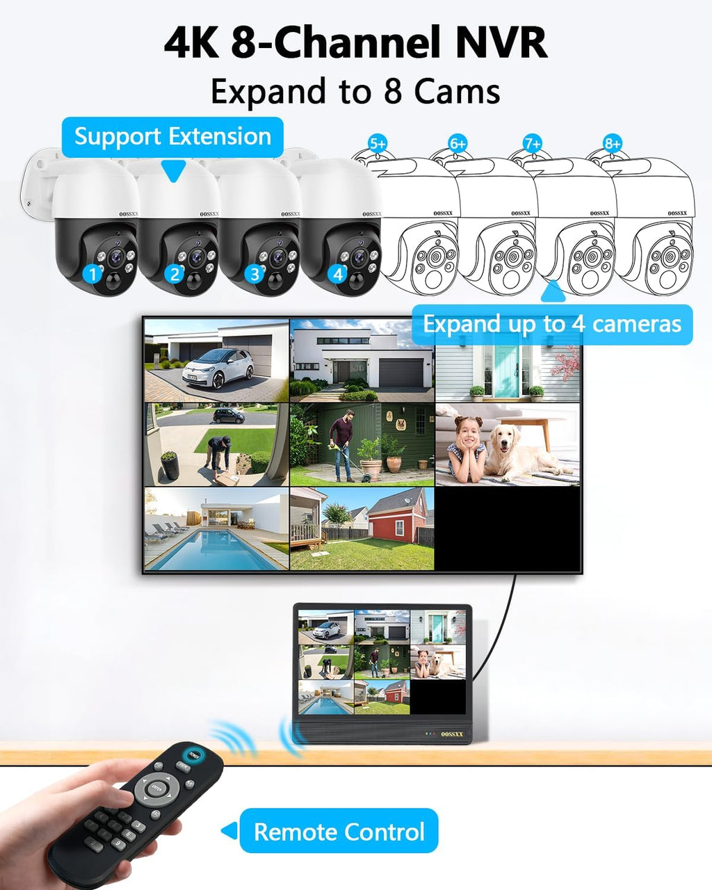 OOSSXX (2026 New) 4K PoE PTZ Security Camera System with 10'' Monitor, 8CH NVR, 4 Wired Outdoor Cameras, Pan Tilt Auto Tracking, AI Human Detection, Free App, No Monthly Fee, IP65