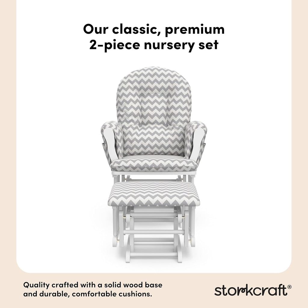 Storkcraft Premium Hoop Glider & Ottoman (White/Gray Chevron) — GREENGUARD Gold Certified Nursery Glider, Solid Wood Craftsmanship, Smooth-Gliding Nursery Chair and Ottoman, Award-Winning