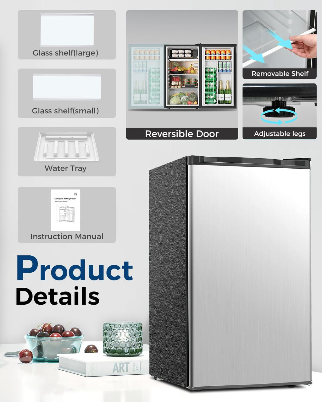 Feelfunn Mini Fridge with Freezer - 3.2 Cu.Ft Single Door Mini Refrigerator with Adjustable Thermostat, Low Noise, Energy Saving, Small Fridge for Bedroom, Apartment, Dorm, Classroom, Office - Silver