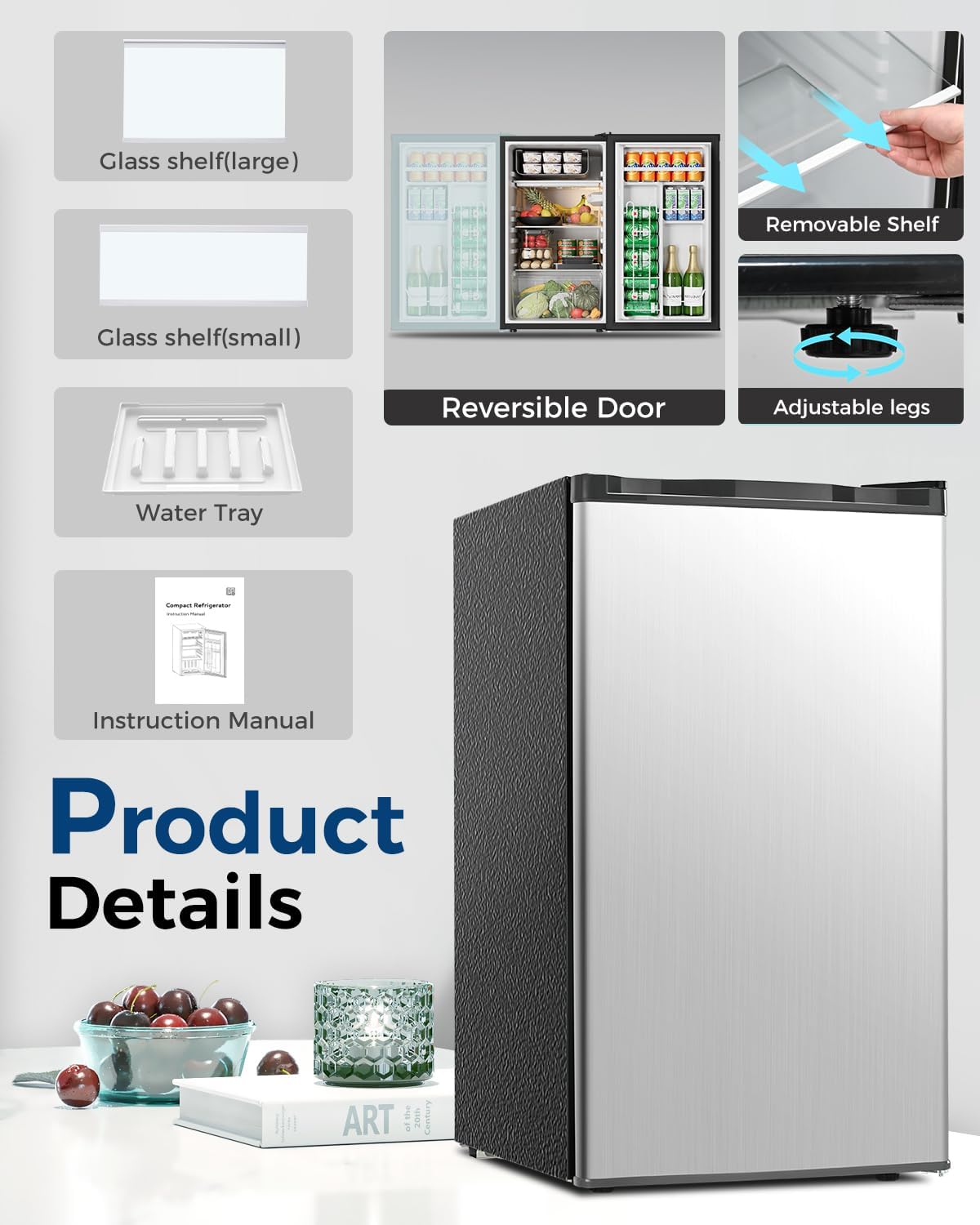 Feelfunn Mini Fridge with Freezer - 3.2 Cu.Ft Single Door Mini Refrigerator with Adjustable Thermostat, Low Noise, Energy Saving, Small Fridge for Bedroom, Apartment, Dorm, Classroom, Office - Silver