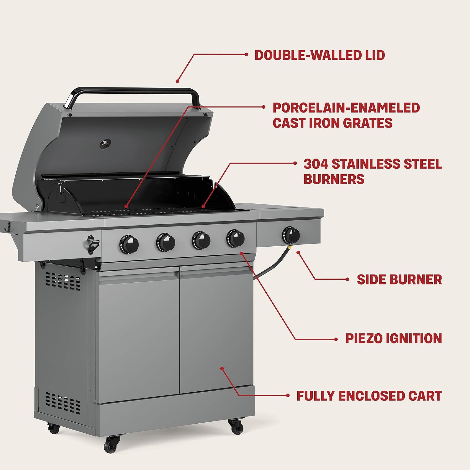 TYTUS Anaheim 5-Burner Propane Gas Grill Outdoor Cooking, 48,000 BTU Grill & 12,000 BTU Side Burner, 721 sq. in. Cooking Area, Enclosed Storage, Porcelain-Enameled Cast Iron Grates, Quick Assembly
