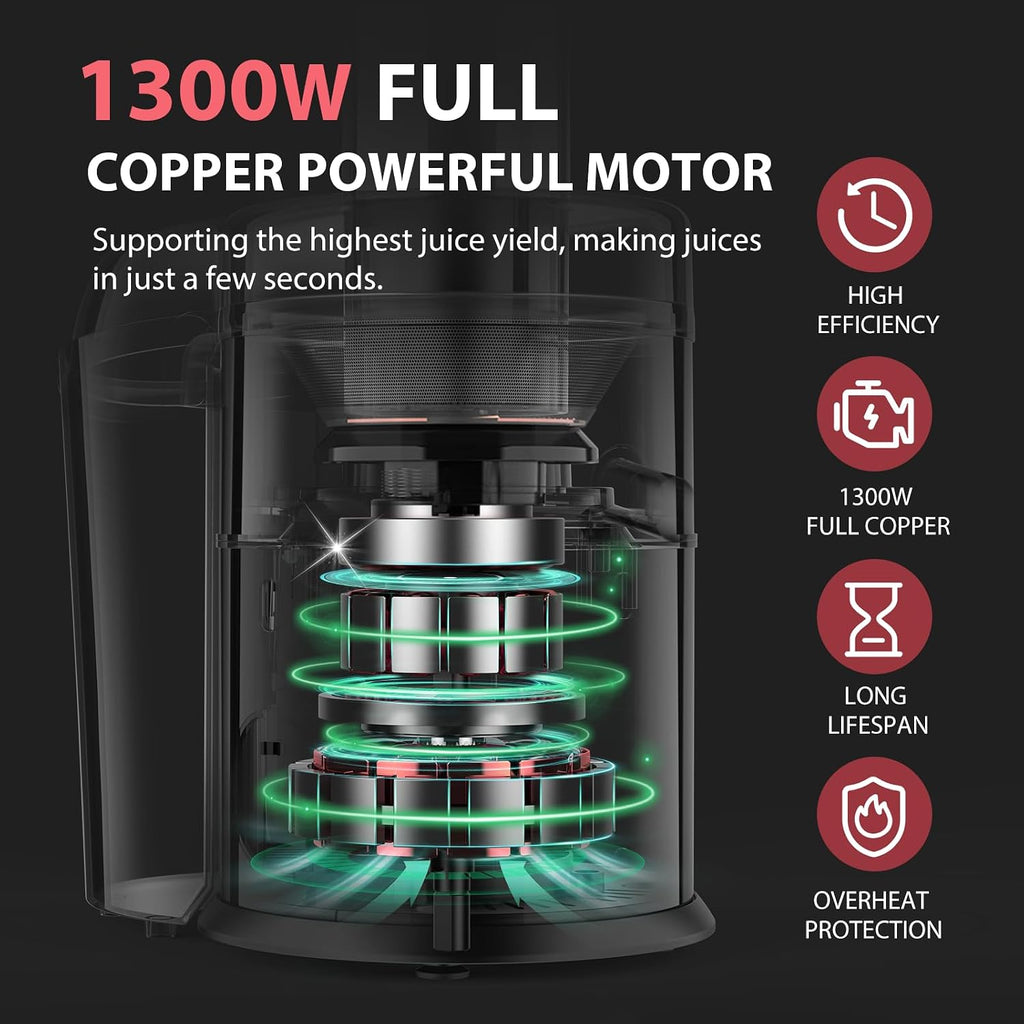 KOIOS 1300W Centrifugal Juicer Machine, Juice Extractor with Extra Large 3 Inch Feed Chute, Full Copper Motor, Titanium-Plated Filter, High Juice Yield, 3 Speeds Mode, Brush Included, Non-BPA, Red