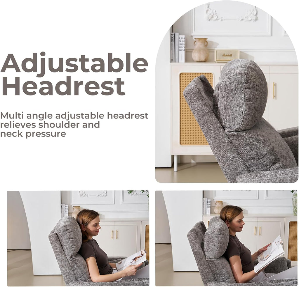 Oversized Swivel Rocker Recliner with Massage and Heat, Swivel Nursery Recliner With Adjustable Headrest, Manual Rocker Recliner Chair with Two Removable Pillows, Rocking Nursery Chair, Dark Grey