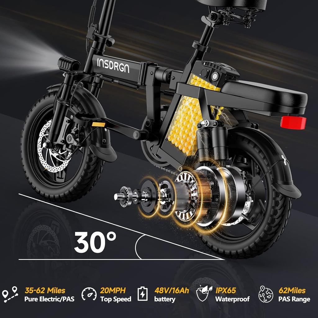 INSDRGN Folding Electric Bike for Adults Teens, Peak 1500W, 62 Miles PAS Range, 48V 16AH Removable Li Battery Ebike, 9 Shocks Full Suspension, 20 MPH Electric Bicycle, UL2849 Certified