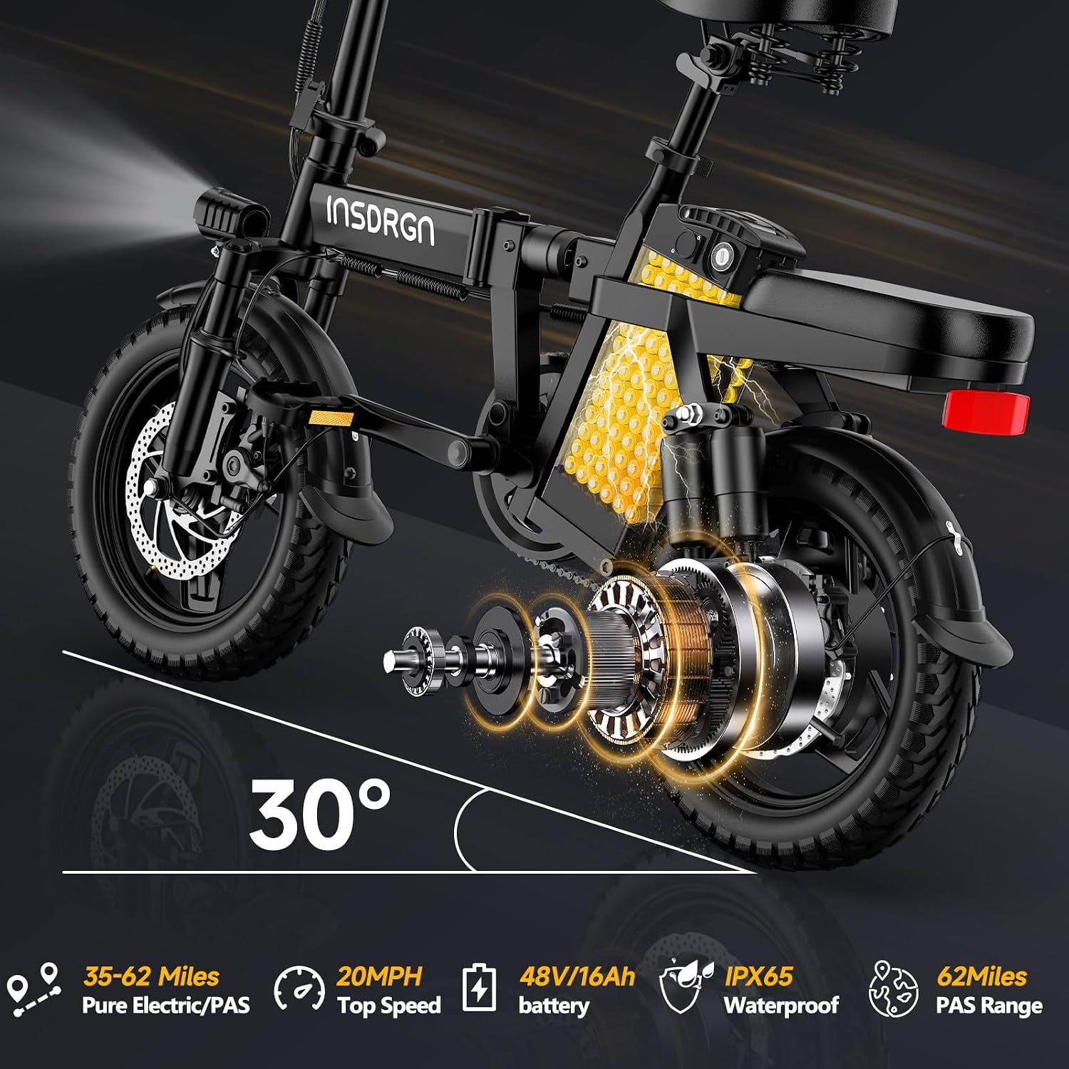 INSDRGN Folding Electric Bike for Adults Teens, Peak 1500W, 62 Miles PAS Range, 48V 16AH Removable Li Battery Ebike, 9 Shocks Full Suspension, 20 MPH Electric Bicycle, UL2849 Certified