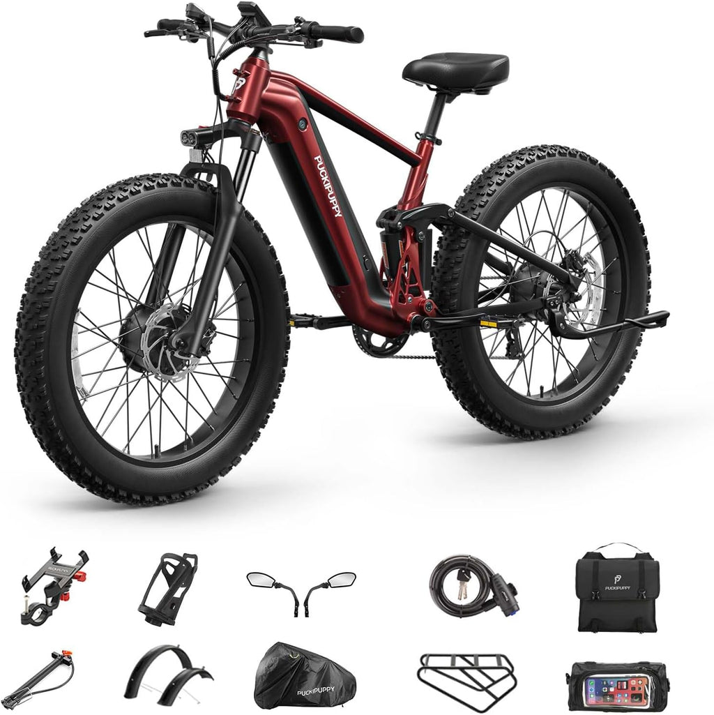 PUCKIPUPPY Dual Motor Electric Bike for Adults 1600W, Full Suspension Dual Hydraulic Disc Brake 26' Fat Tire E Bike, 48V 20AH Battery,8 Speed,28MPH 80Miles Range Mountain Electric Bicycle, GoldenR Pro