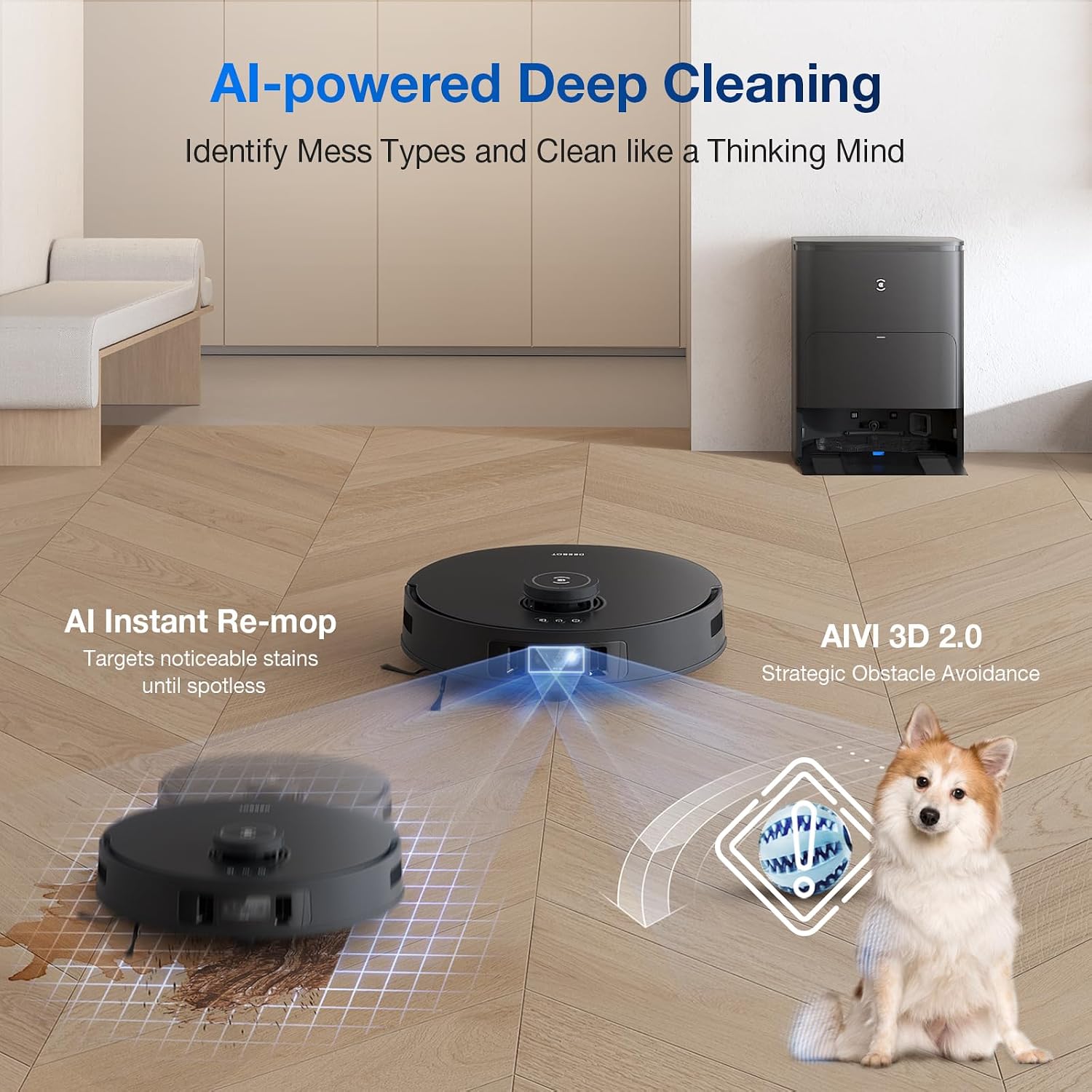 ECOVACS DEEBOT T30S AI Robot Vacuum and Mop, 11000Pa, TruEdge Adaptive Edge Mopping, ZeroTangle Technology, AI Obstacle Avoidance and Instant Re-Mop, Hot Water Washing, Self-Emptying & Refilling