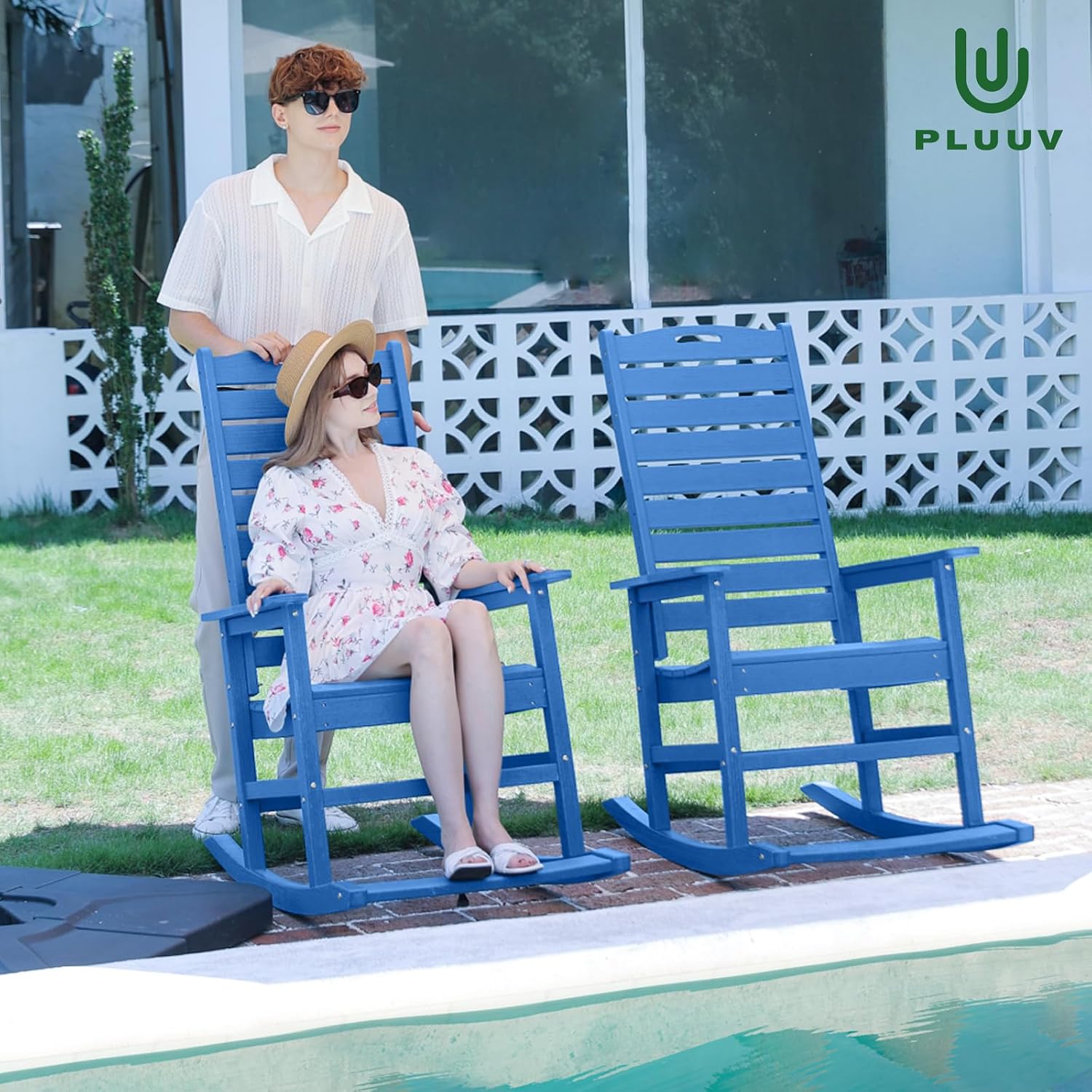 PLUUV Outdoor Rocking Chair with Removable Footboard for Adults, HDPE High Back Patio Rocking Chairs, 330lbs All Weather Porch Rocking Chairs for Outdoor & Indoor -Navy Blue