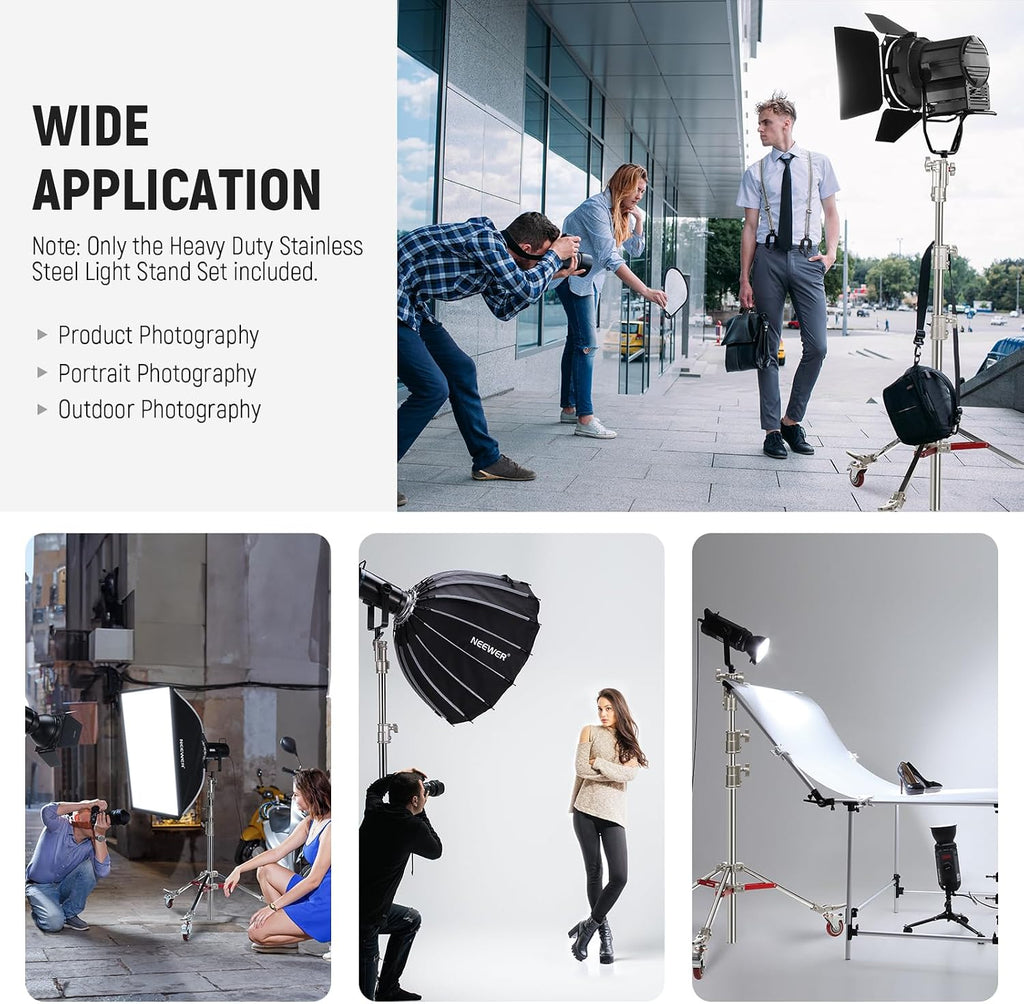NEEWER Heavy Duty Stainless Steel Light Stand with Casters, 1-1/8' Junior Receiver, Spring Loaded 5/8' Baby Stud, Max Load 77lb, 7.9ft/240cm Junior Wheeled Stand for Studio Softbox Reflector, ST240SS